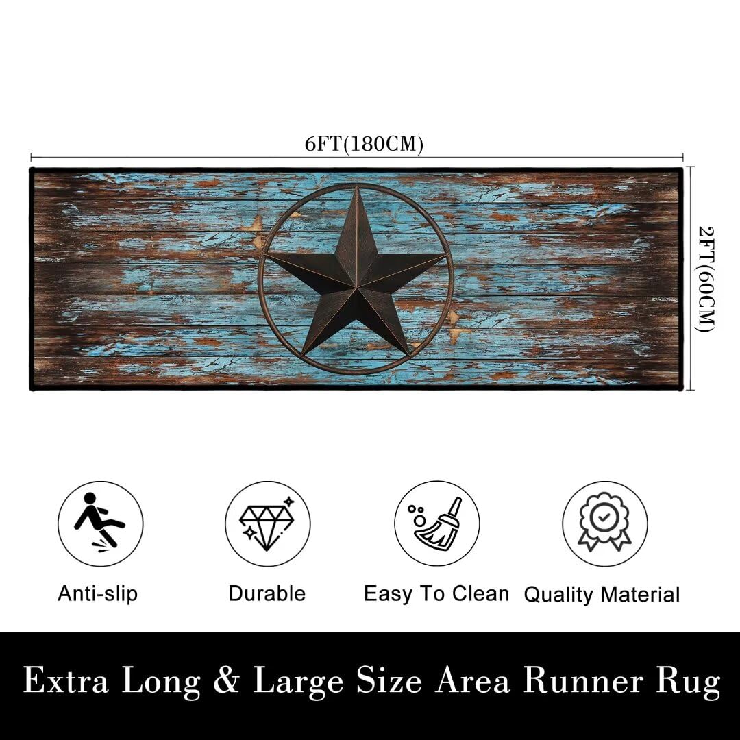 Western Hallway Runner Rug 2x6,Western Barn Texas Star on Old Wooden Plank,Rustic Throw Accent Area Rug Non Slip Washable Rug Runner Floor Carpet for Entryway Hallways Kitchen Laundry Bathroom,Teal