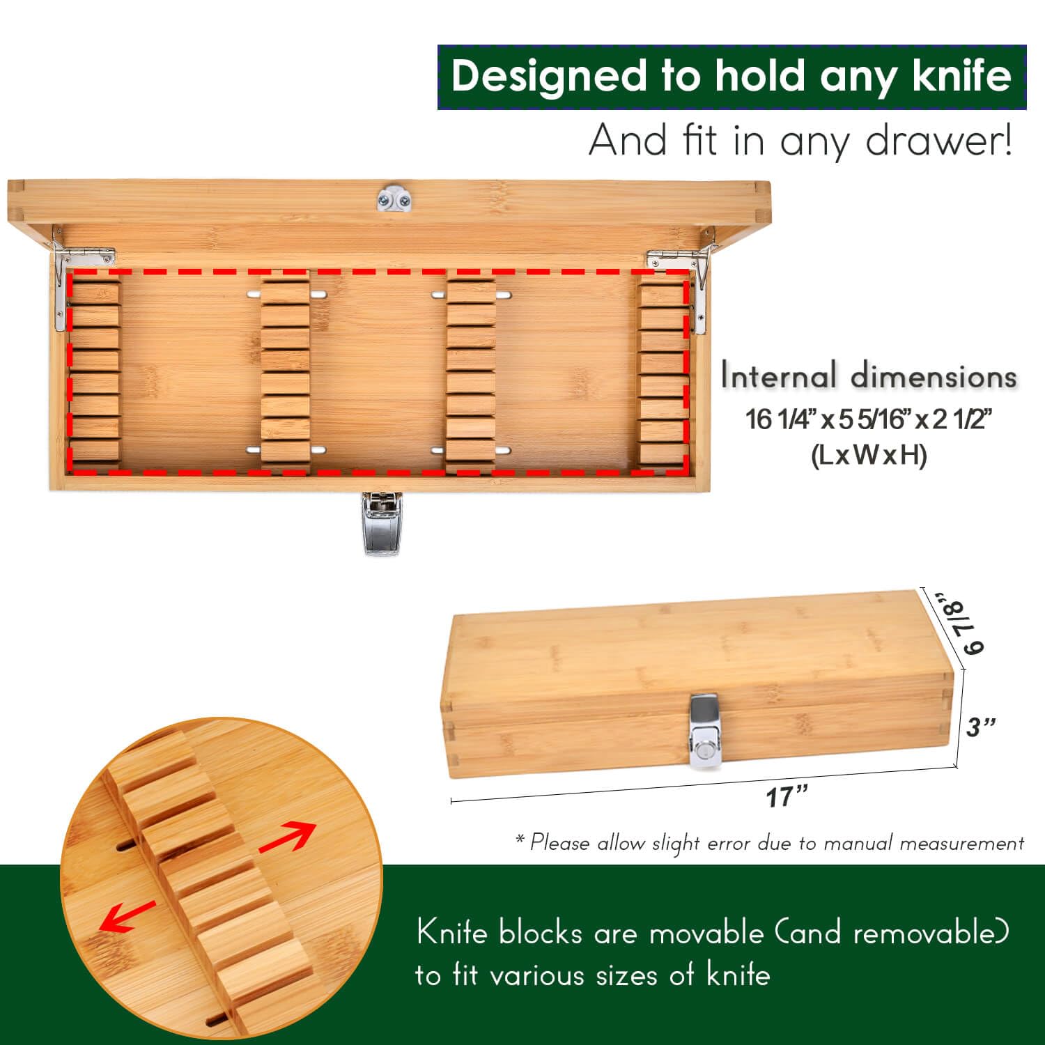 Bamboo Kitchen Knife Holder Lock Box - Knife Drawer Organizer Lockable Storage Box with Lock and Key to Keep Kids Safe from Sharp Knives. Multi Purpose Safe Box (Knives Not Included) (Large)