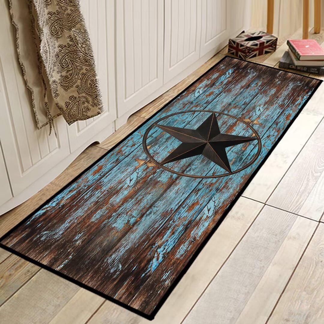 Western Hallway Runner Rug 2x6,Western Barn Texas Star on Old Wooden Plank,Rustic Throw Accent Area Rug Non Slip Washable Rug Runner Floor Carpet for Entryway Hallways Kitchen Laundry Bathroom,Teal