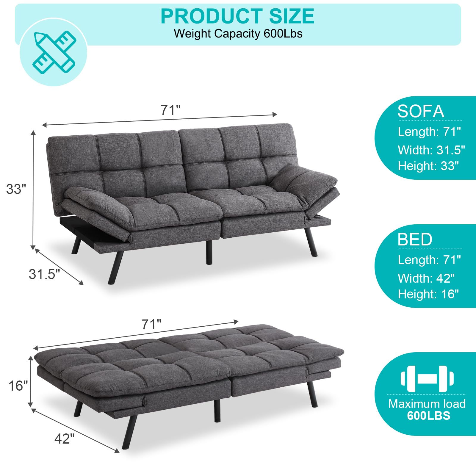 MUUEGM Memory Foam Sofa Bed is Adjustable Armrests - Rectangular Shaped Futon Sofa Bed - Small Sofa Set for Living Room with Loveseats - Sleeper Sofa Bed Couch in Dark Gray Fabric