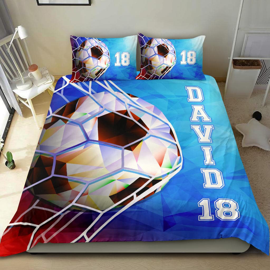 OhaPrints Custom Soccer Blue Geometric Pattern Player Gift Personalized Name Number Duvet Cover & Pillowcase, Lightweight Duvet Protector Comforter Cover, Twin Full Queen King Size Bedding Bed Set