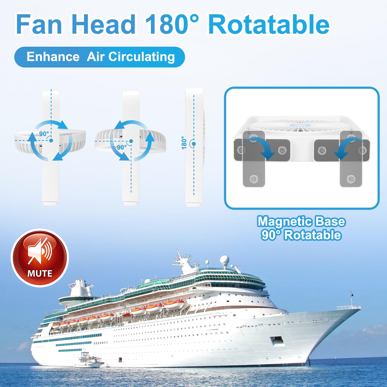 Cruise Ship Approved Fan for Staterooms Ceiling and Wall Hanging, Cruise Fan with Magnetic Base, USB Rechargeable - Battery Powered Portable Travel Fan for Cruise