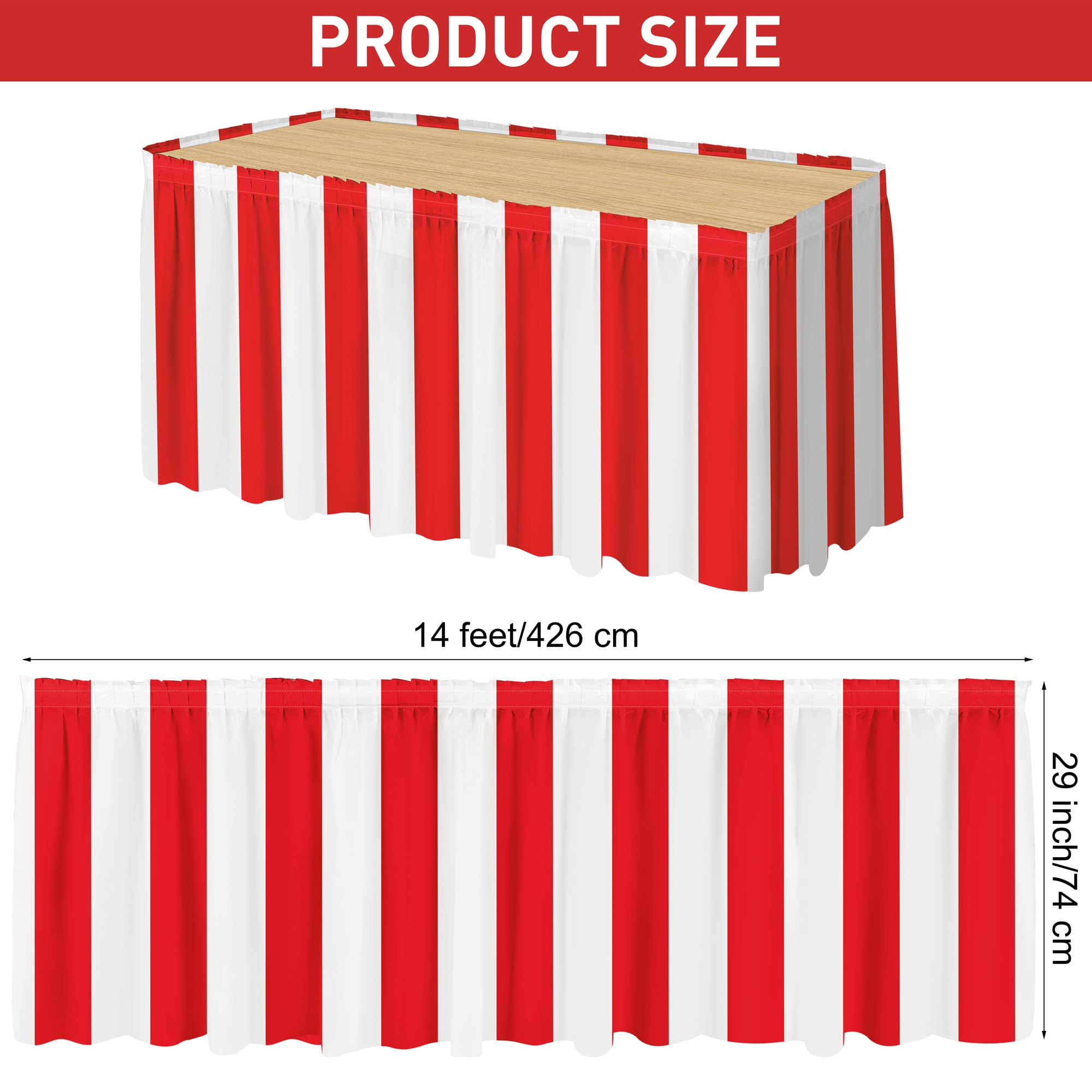 durony 1 Pack Red and White Striped Table Skirt Circus Theme Party Supplies Carnival Table Skirt for Carnival Home Party Decoration, 165 x 30 Inches