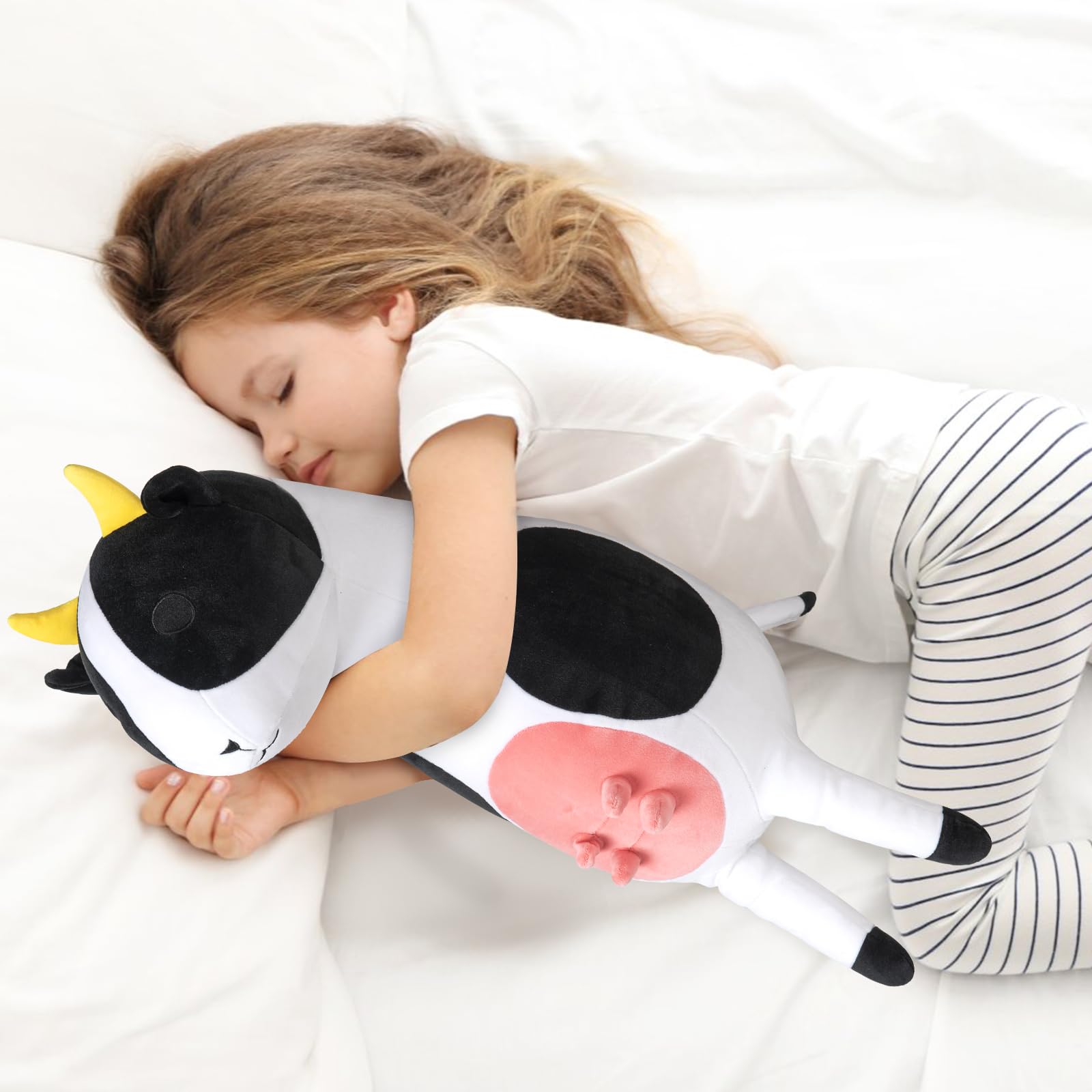 Kawaii Long Milk Cow Stuffed Animal, Large Soft Cuddle Cow Plush Body Pillow, Cute Stuffed Cow Plushies Toy Birthday Gifts for Kids Girls Women, and Males - 24"