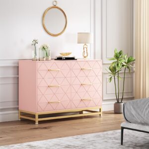 GarveeHome Dresser for Bedroom with 6 Drawer Double Dressers, Modern Wooden Dresser Chest, Beside Table for Closet, Nursery, Living Room, Pink