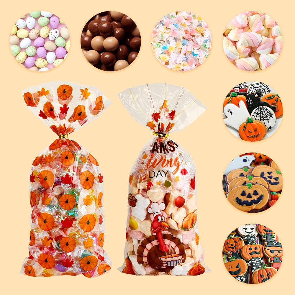 Thanksgiving Treat Bags, 100PCS Thanksgiving Goodie Bags with Twist Ties, Thanksgiving Gift Bags Plastic Candy Bags Cellophane Treat Bags Party Favor Bags Cookie Bags Fall Pumpkin Maple Leaves Bulk