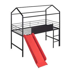 Twin House Loft Beds with Slide & Chalkboard, Low Loft Bed Twin Size, Metal House Bed with Guardrail and Ladder, Metal Twin Size Loft Bed for Kids Teens Girls Boys (Twin, Black + Red)