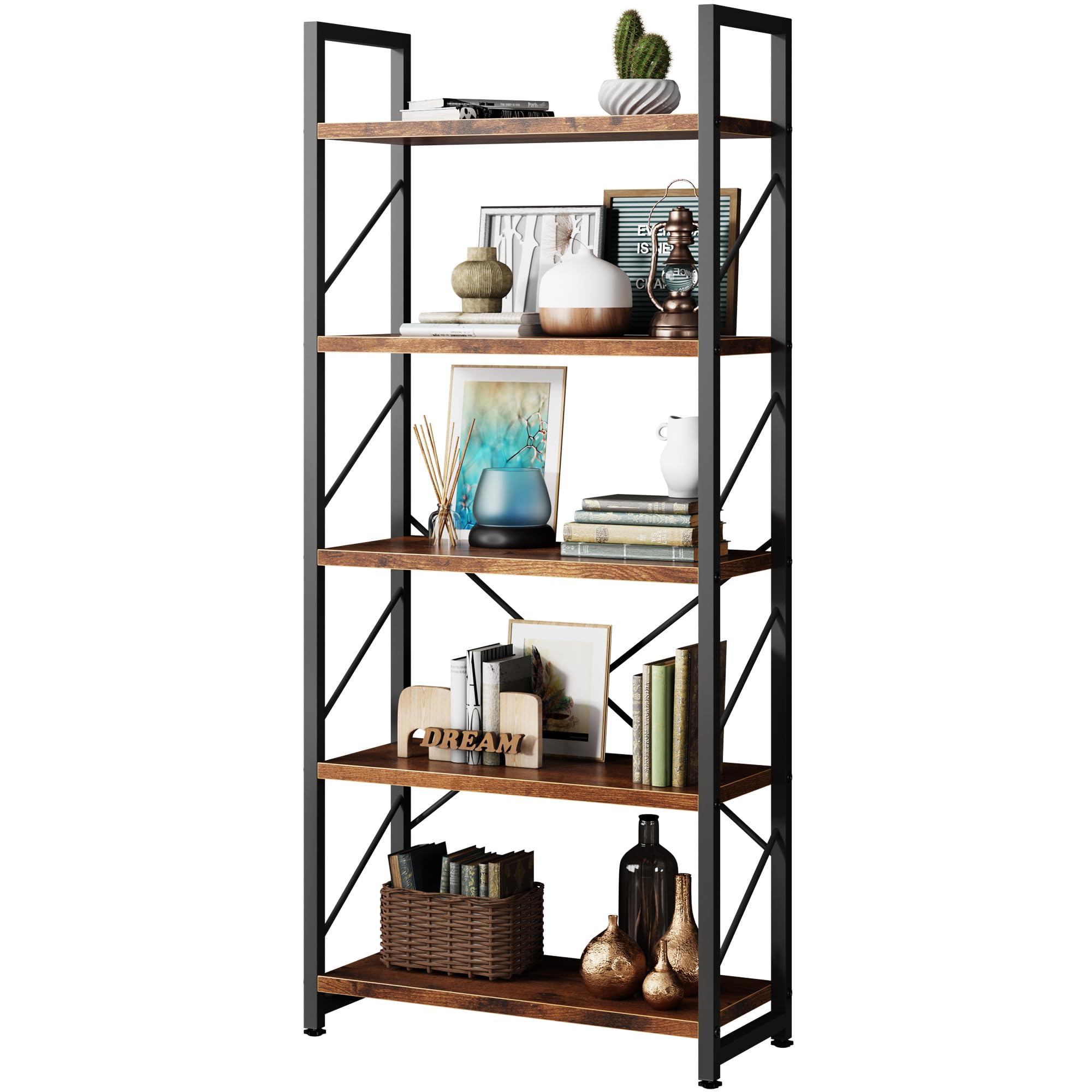 Walsunny Bookshelf, 5 Tier Bookshelves, Home Office Bookcase Shelf Storage Organizer, Free Standing Storage Shelving Unit for Bedroom, Living Room and Home Office,Rustic Brown