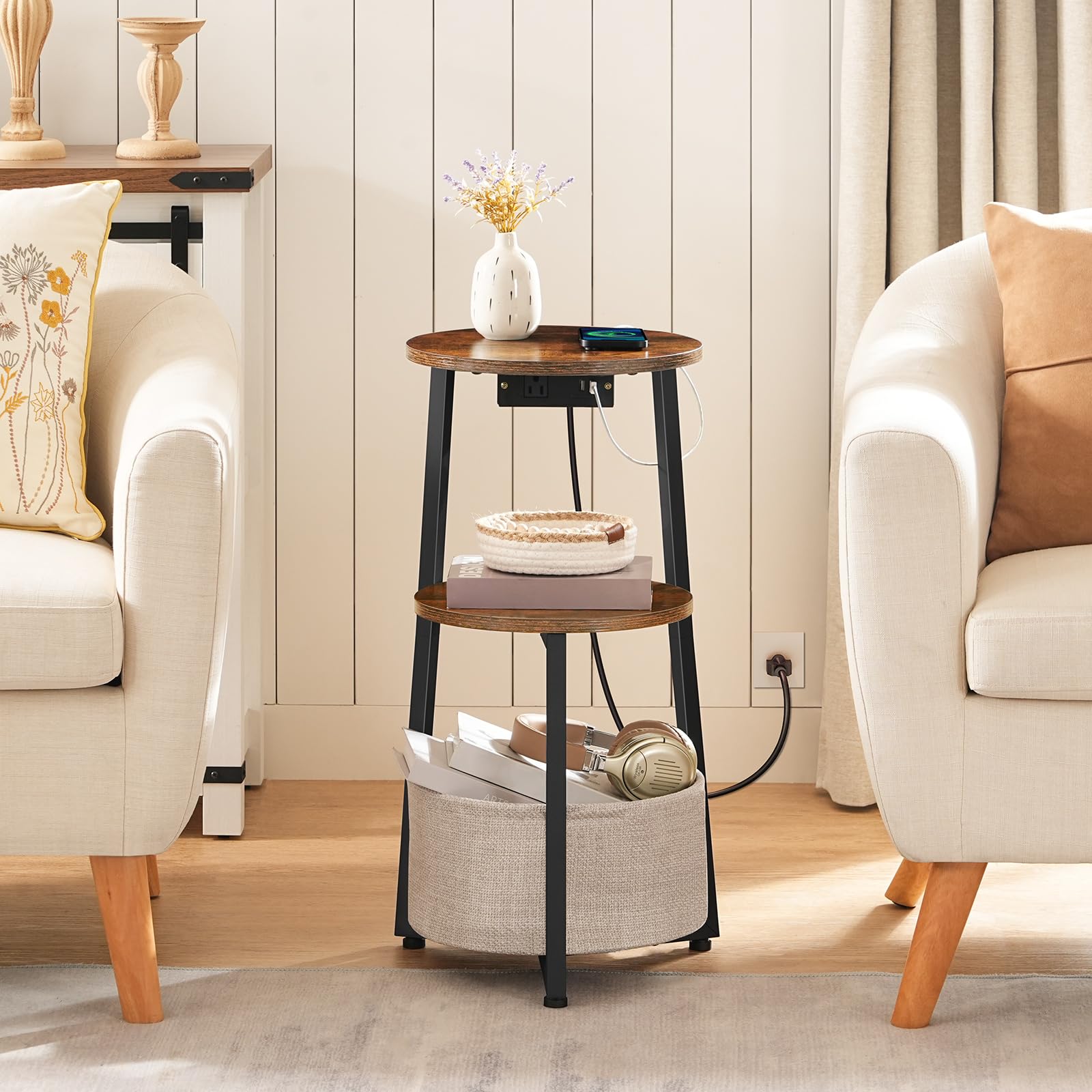 HOOBRO Small Round Side Table with Charging Station, Round End Accent Table with Fabric Storage Basket, Compact Sofa Bedside Table for Small Space in Living Room, Bedroom, Rustic Brown BF169UBZ01