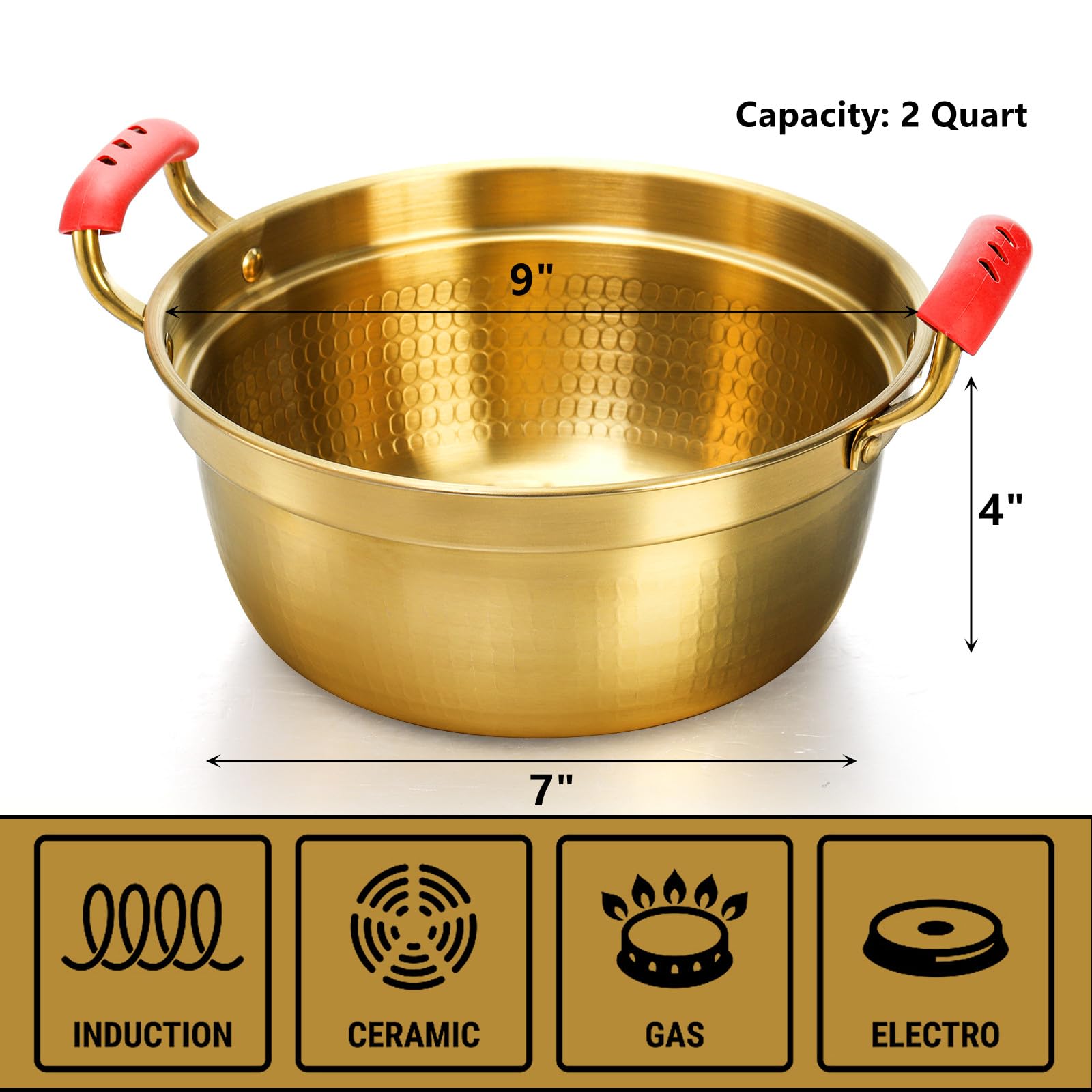 DEAYOU Korean Ramen Pot, 9" Stainless Steel Ramen Cooking Pot with Double Handle and Silicone Handle Covers, Small Korea Noodle Pot Fast Heating for Soup, Sauce, Pasta, Egg, Golden, 2 QT