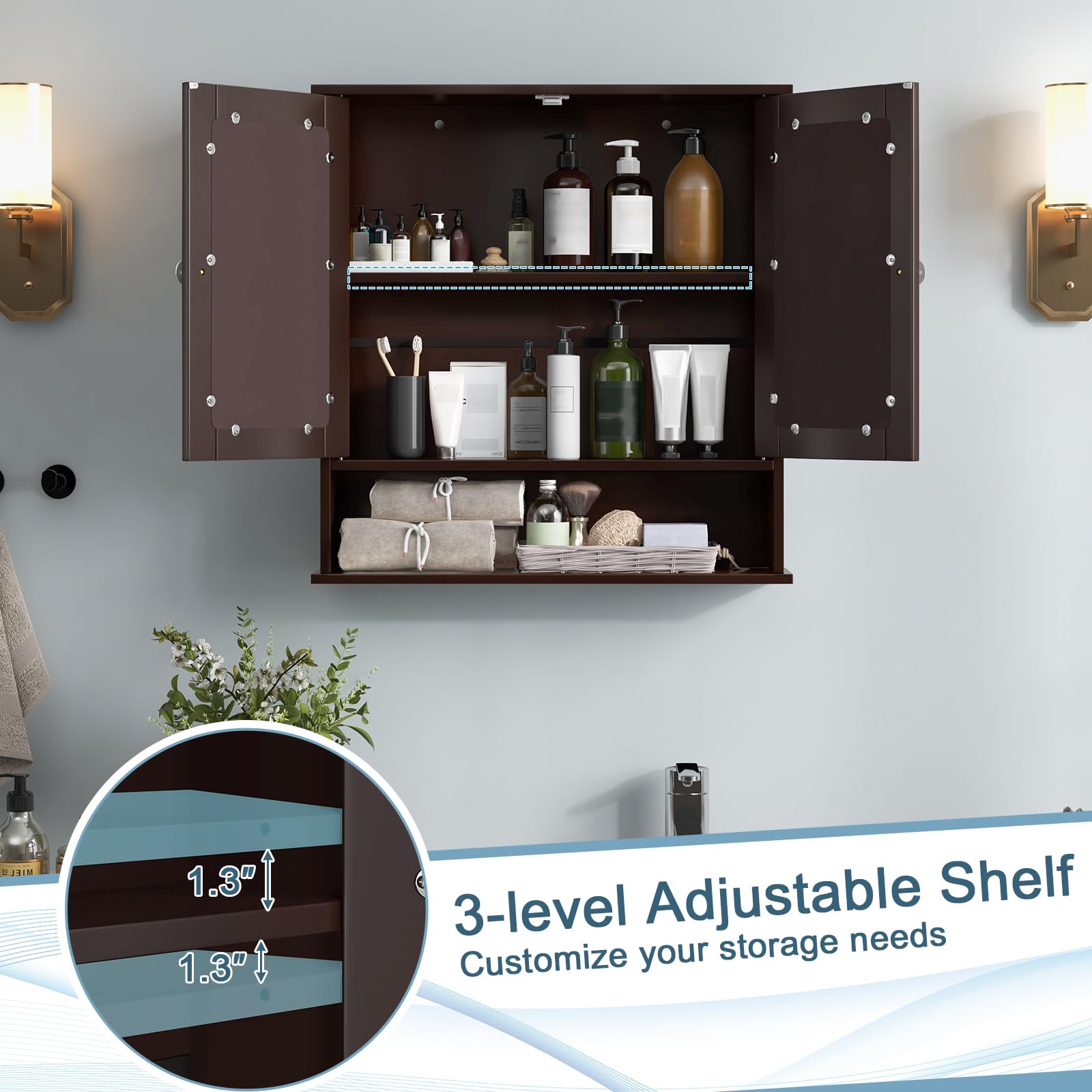 RELAX4LIFE Wall Bathroom Cabinet with Mirror - Wood Over The Toilet Storage Cabinet Space Saver w/2 Doors, Adjustable Shelf & Open Compartment, Modern Wall Mount Medicine Cabinet (Brown)