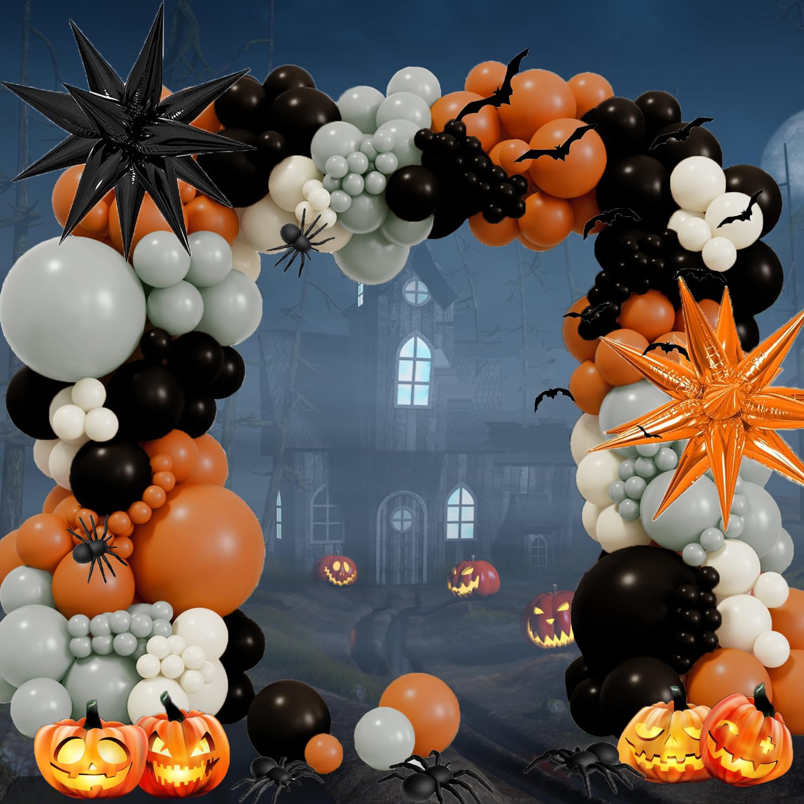 Halloween Balloon Arch Kit - Double Stuffed Orange Black and White Balloons Gray Sand White Star Balloons for Halloween Birthday Party Graduation Father's Day Anniversary Party Decoration