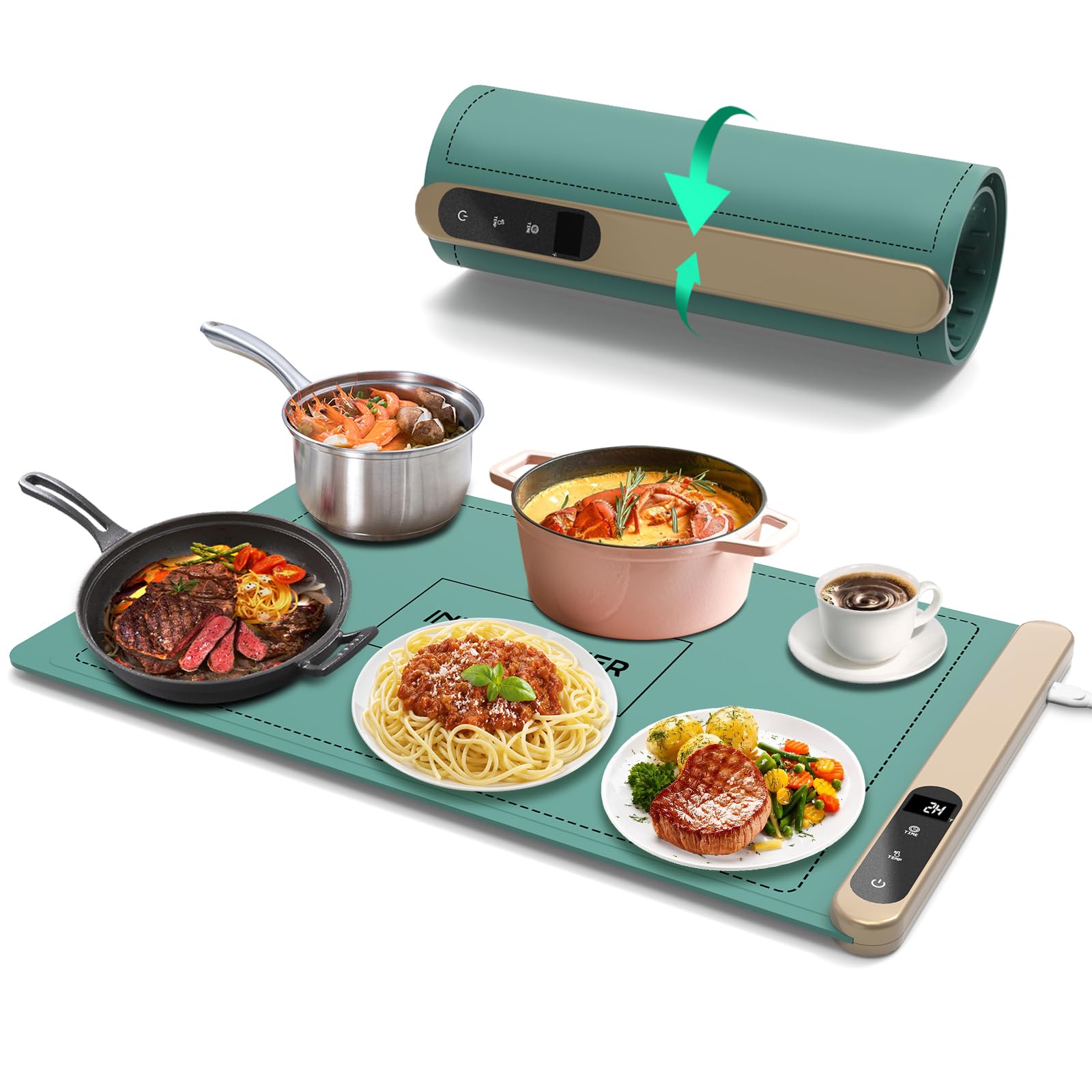 INNOWARMER Food Warming Mat - Ugrade Graphene Full Surface Heating, 500W Fast Heating, Adjustable Temperature, Food Grade Silicone, Food Warmer for Gatherings, Parties, Travel, Daily Use