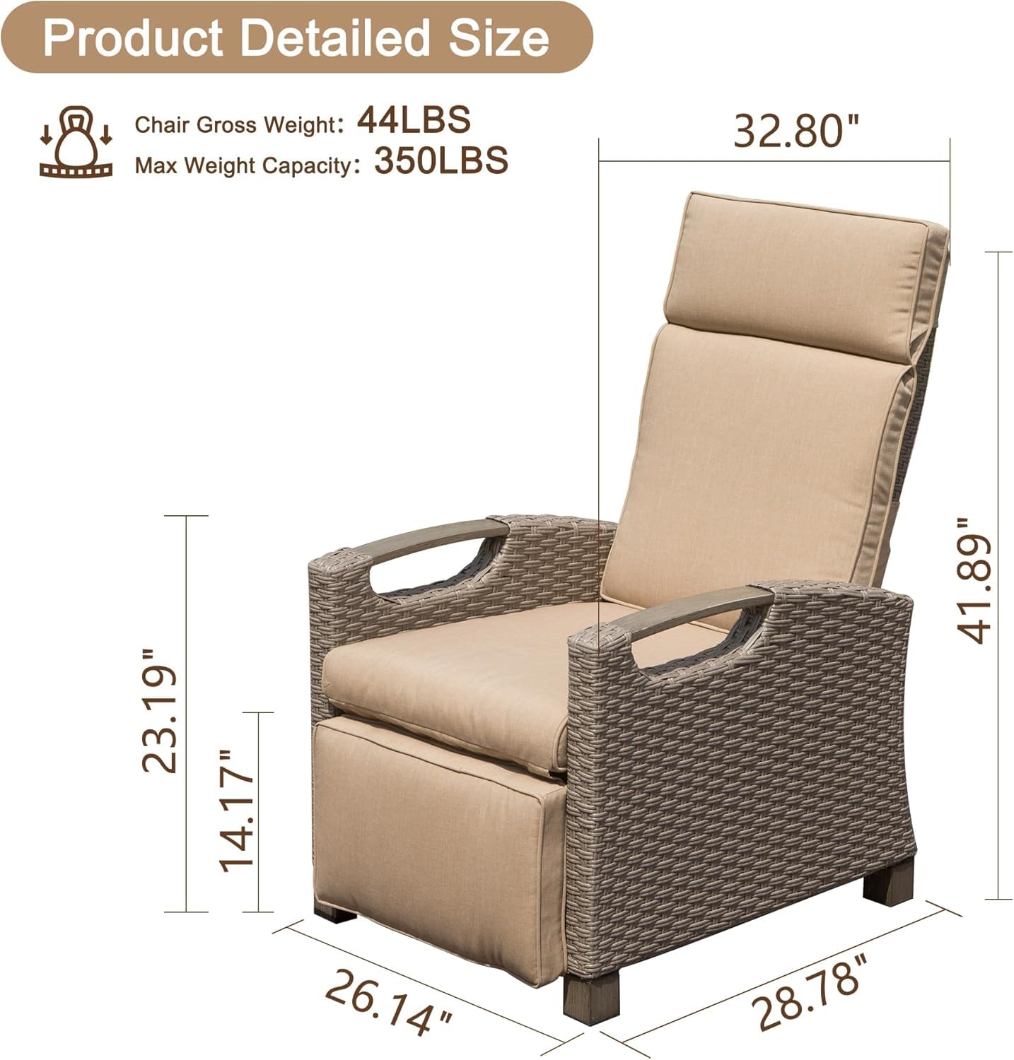 Domi Outdoor Reclining Chairs with Extended Footrest, Adjustable Patio Wicker Lounge Recliner up to 150° with Flip Side Table, Thickness Cushions for Indoor & Outdoor,Beige