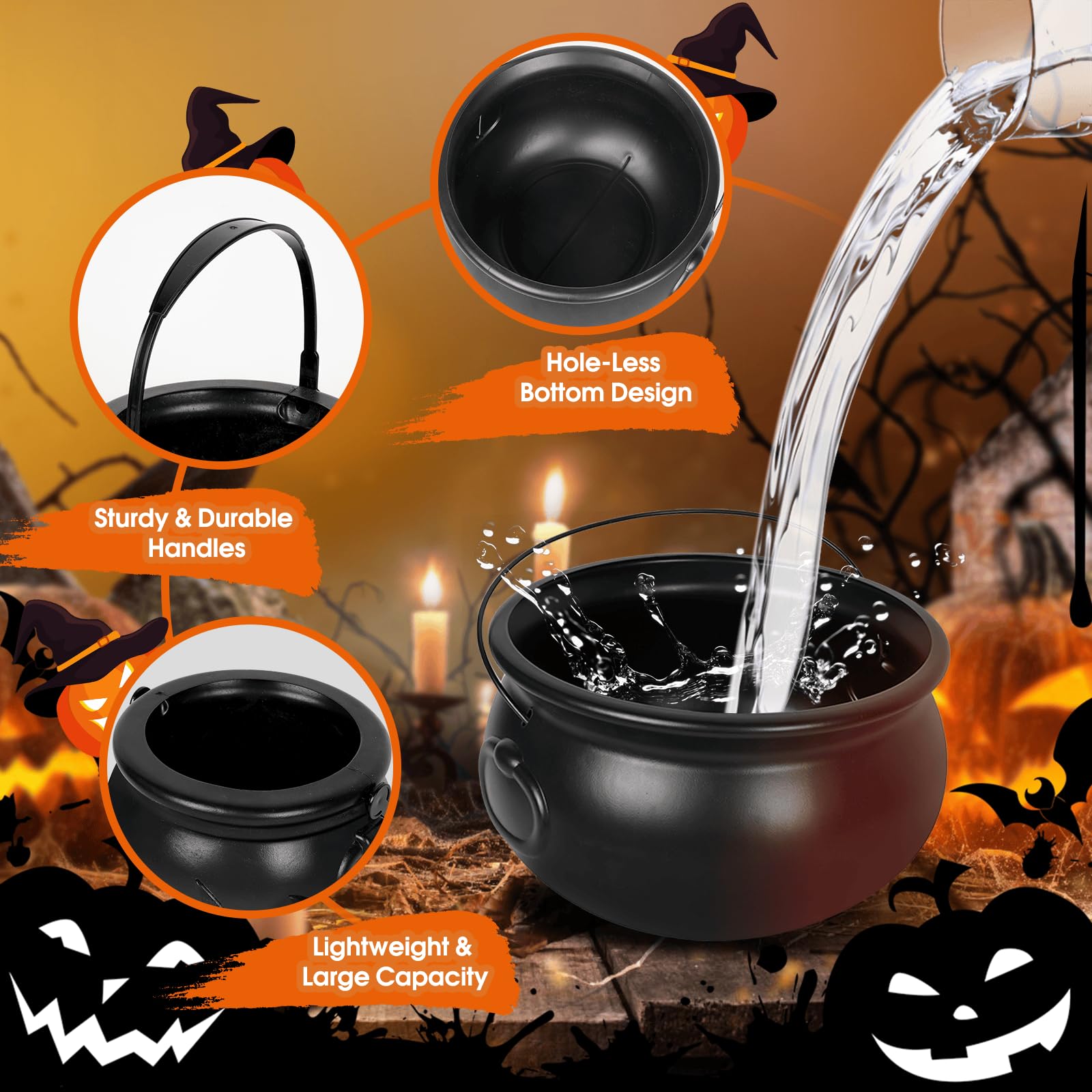 5 in 1(12.8",9.8”, 7.6”, 5.7”, 2.7”) Package Large Black Plastic Witch Cauldron Kettle, Halloween Witch Cauldron Pot Candy Bucket for Halloween & St. Patrick’s Day Party Favors Decor