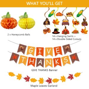 32Pcs Thanksgiving Decorations, GIVE THANKS Banner,Maple Leaf Garland,Autumn Hanging Swirls,Pumpkin Honeycomb Balls for Fall Hanging Party Supplies