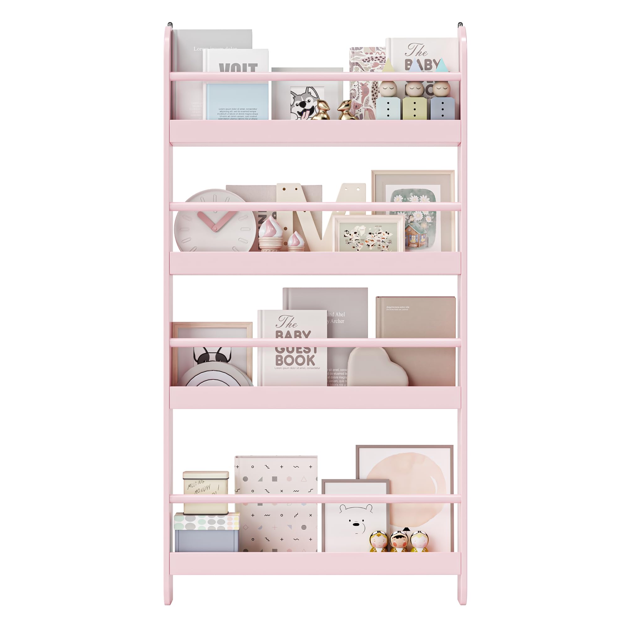 FOTOSOK Kids Bookshelf, Wall Mount 4-Tier Book Shelf Organizer for Toys and Books, Toy Storage Bookshelf in Bedroom, Living Room and Nursery, Pink