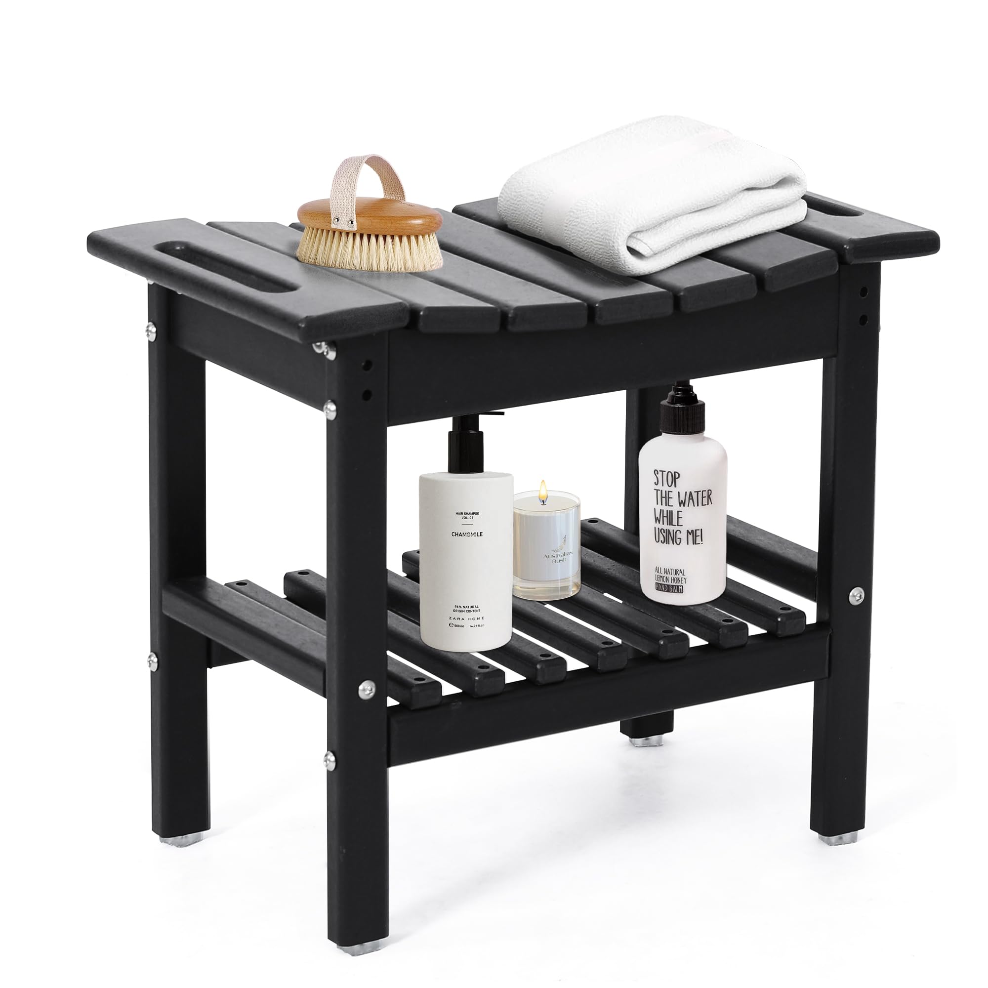 Murago HDPE Poly Lumber Shower Stool with Storage 20×12×19, Heavy Duty Waterproof Bench Indoor Outdoor Spa Stool Chair with Towel Bar [Black]