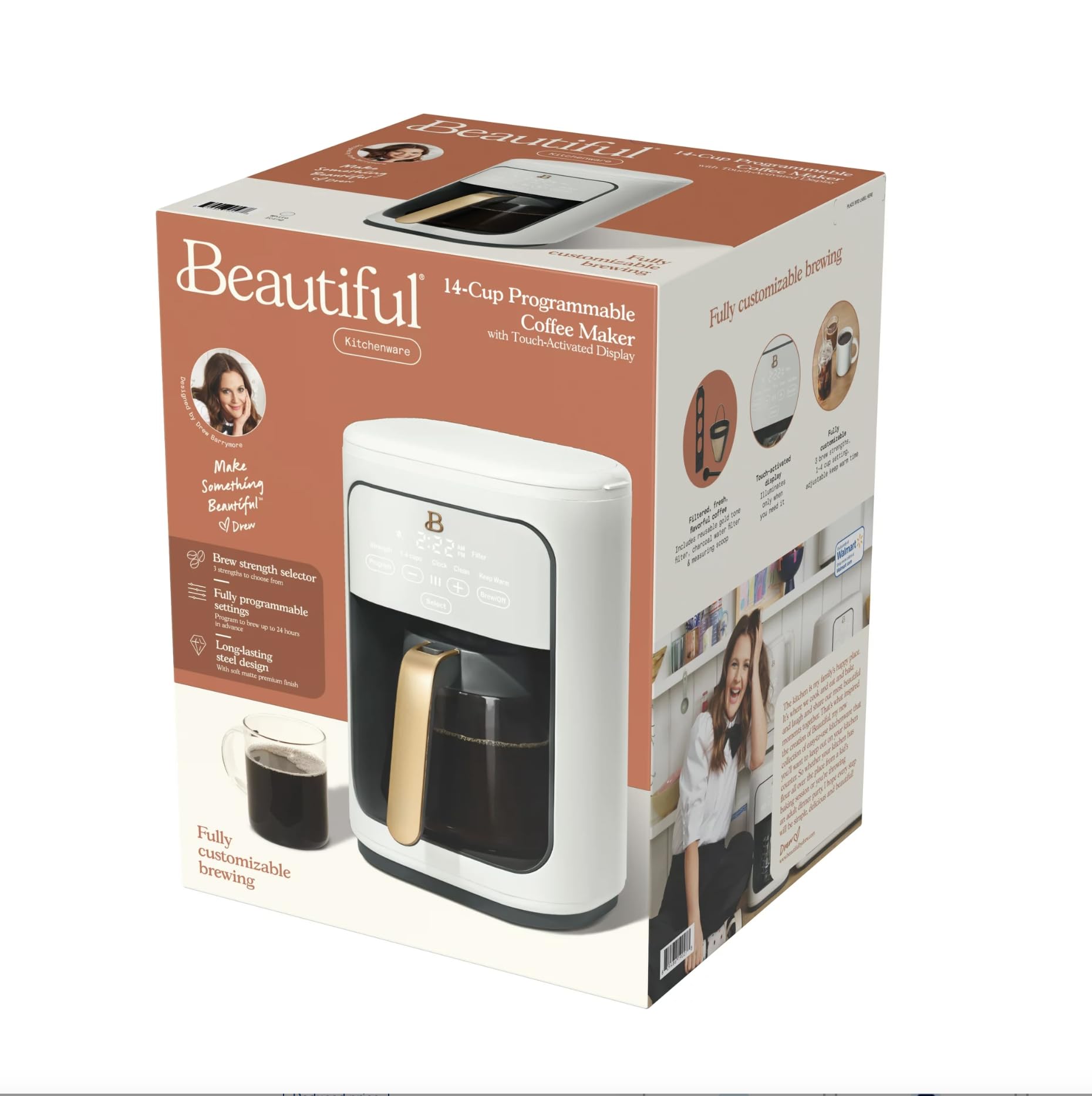 Touchscreen Coffee Maker, 14-Cup Programmable Coffee Maker with Touch-Activated Display, Kitchenware by Drew Barrymore (White Icing)