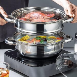 Steamer Pot for Cooking 11-inch Steam Pots with Lid, Multipurpose Steam Pot Stainless Steel Steaming Pot Cookware with Handle for Vegetable, Stews, Pasta, Dumpling, Sauce, Food (3 Tier)