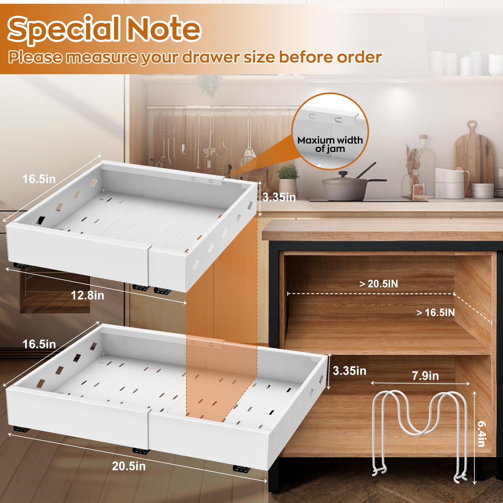 Pull Out Cabinet Organizer Pull Out Drawers for Cabinets with 4pcs Divider Racks, 12.8"-20.5" W and 16.5" D Adjustable Heavy Duty Cabinet Pull Out Shelves Kitchen Cabinets Slide Out Drawers