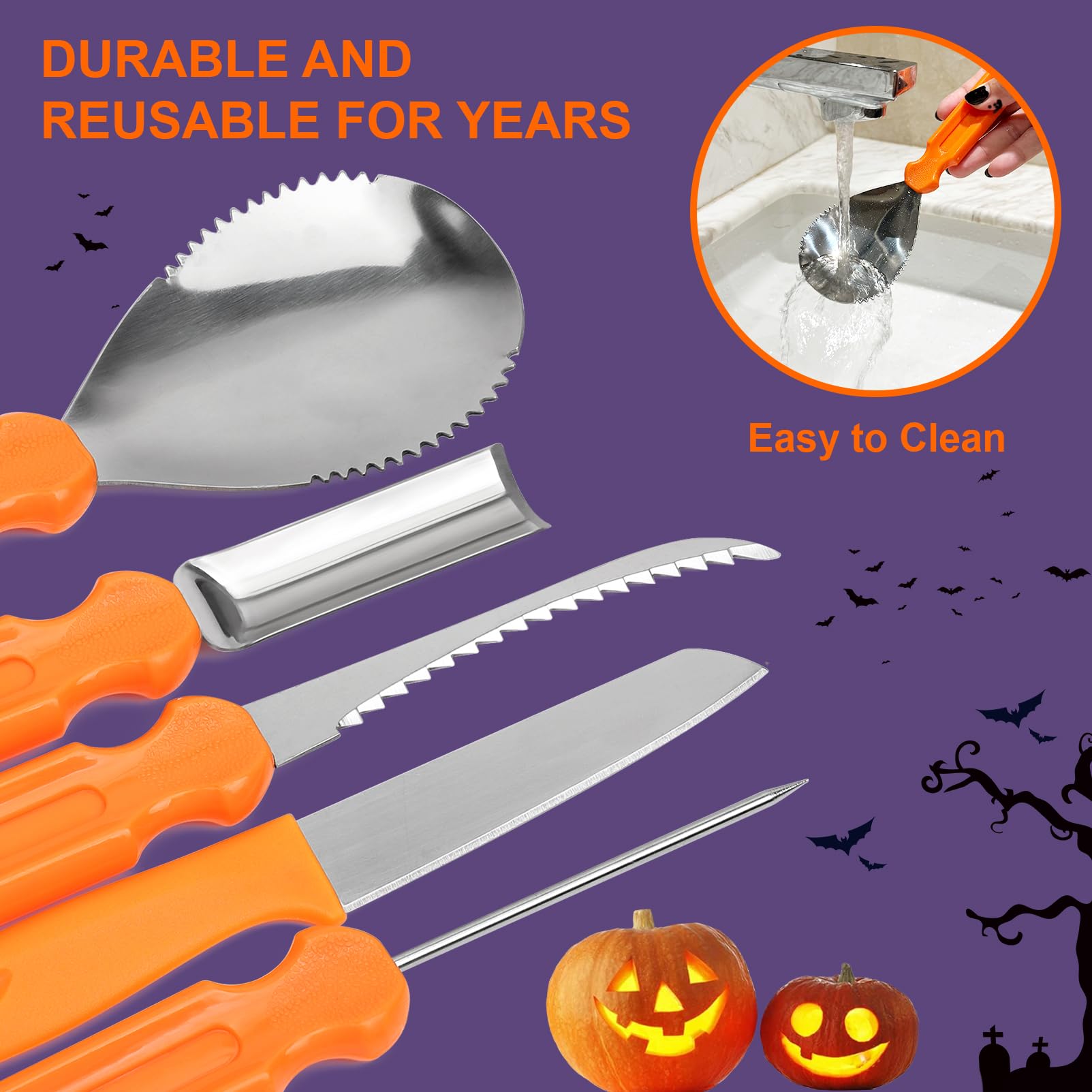 Pumpkin Carving Tools, 15 PCS Professional Pumpkin Carving Kit for Adults & Kids with LED Candles, Heavy Duty Stainless Steel Pumpkin Cutting Knife Supplies for Halloween Decoration Jack-O-Lantern