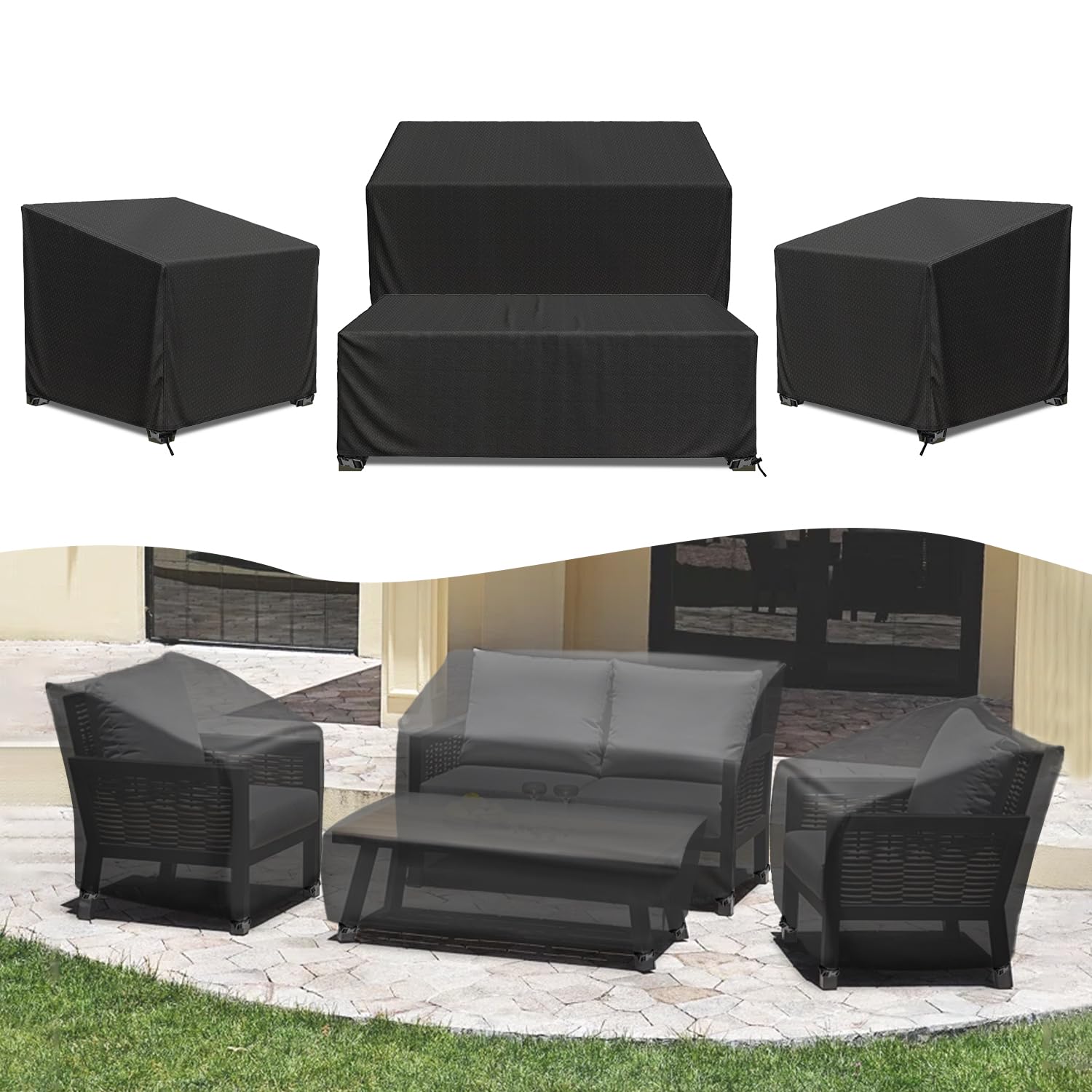 Patio Furniture Covers, 4 Piece Heavy Duty Waterproof Outdoor Furniture Cover with Windproof Buckle Strap, Rattan Wicker Patio Furniture Set Cover for Chair Sofa Black (Black, X-Large)