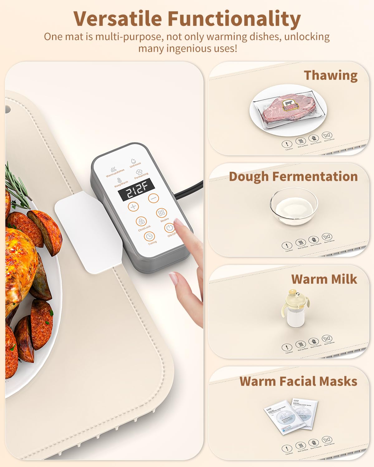 Food Warming Mat - Electric Warming Tray Full Surface Heating with Detachable Plug, Adjustable Temperature and 12 Hours Timer, Roll Up Food Warmers for Parties Buffet, Gathering, Holiday(Beige)