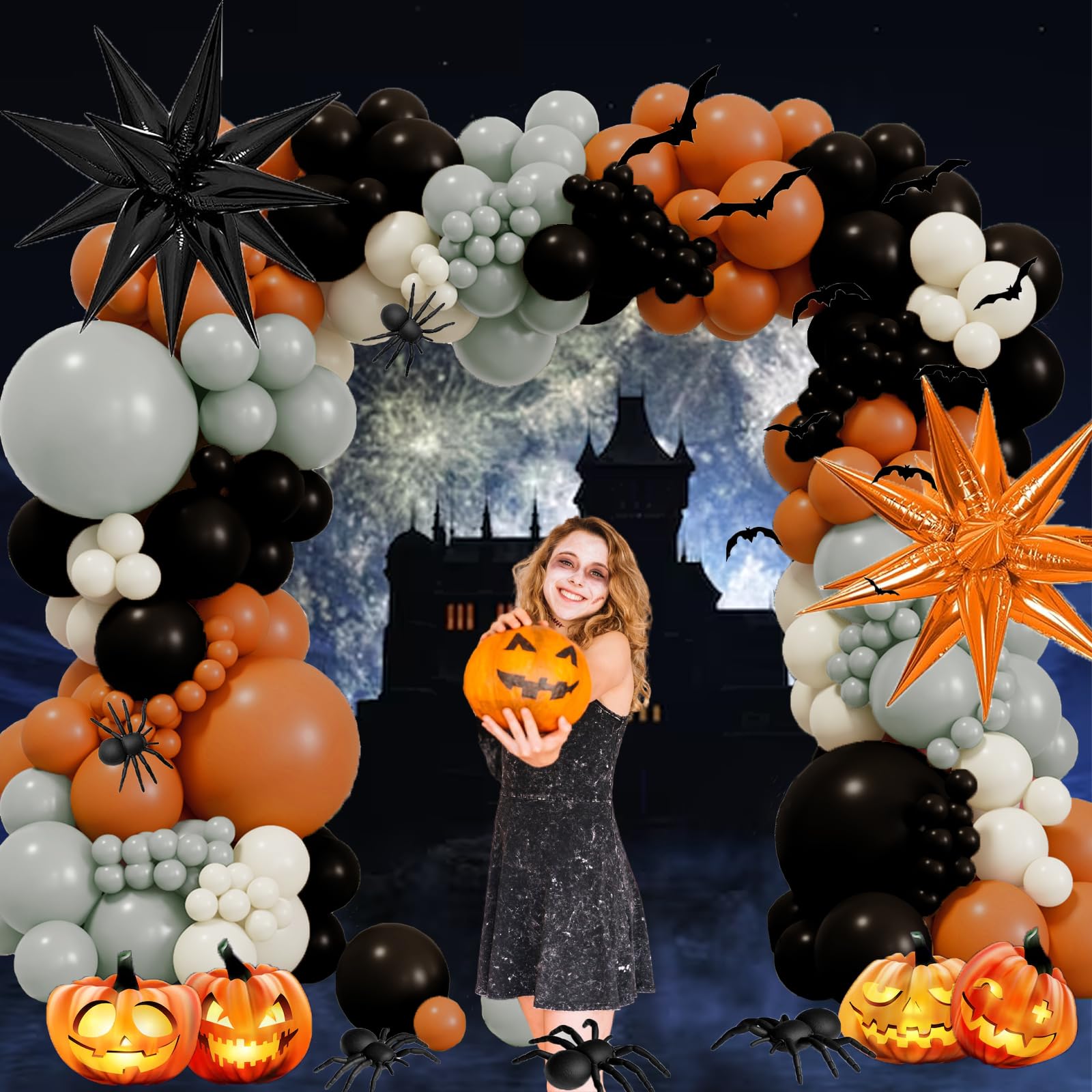 Halloween Balloon Arch Kit - Double Stuffed Orange Black and White Balloons Gray Sand White Star Balloons for Halloween Birthday Party Graduation Father's Day Anniversary Party Decoration