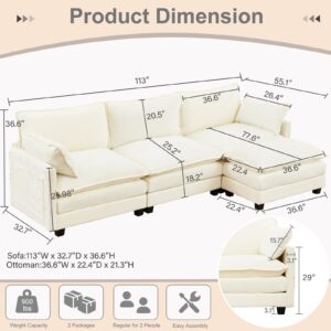 SAMERY Sectional Sofa Cloud Couch, 113" Big Comfy Couch L Shape Sofa Couch for Living Room Extra Deep Seat Sofa Couch Chenille Sofa Sleeper with Ottoman/Pillows, Cream White 3 Seat Sofa Cloud Couch