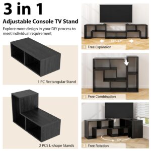 Tangkula 3 Pieces Console TV Stand, Free-Combination Entertainment Center for 50 55 60 65 Inch TV, Minimalist Modern TV Table Media Stand, DIY Open Storage Bookcase for Living Room (Black Wood Grain)