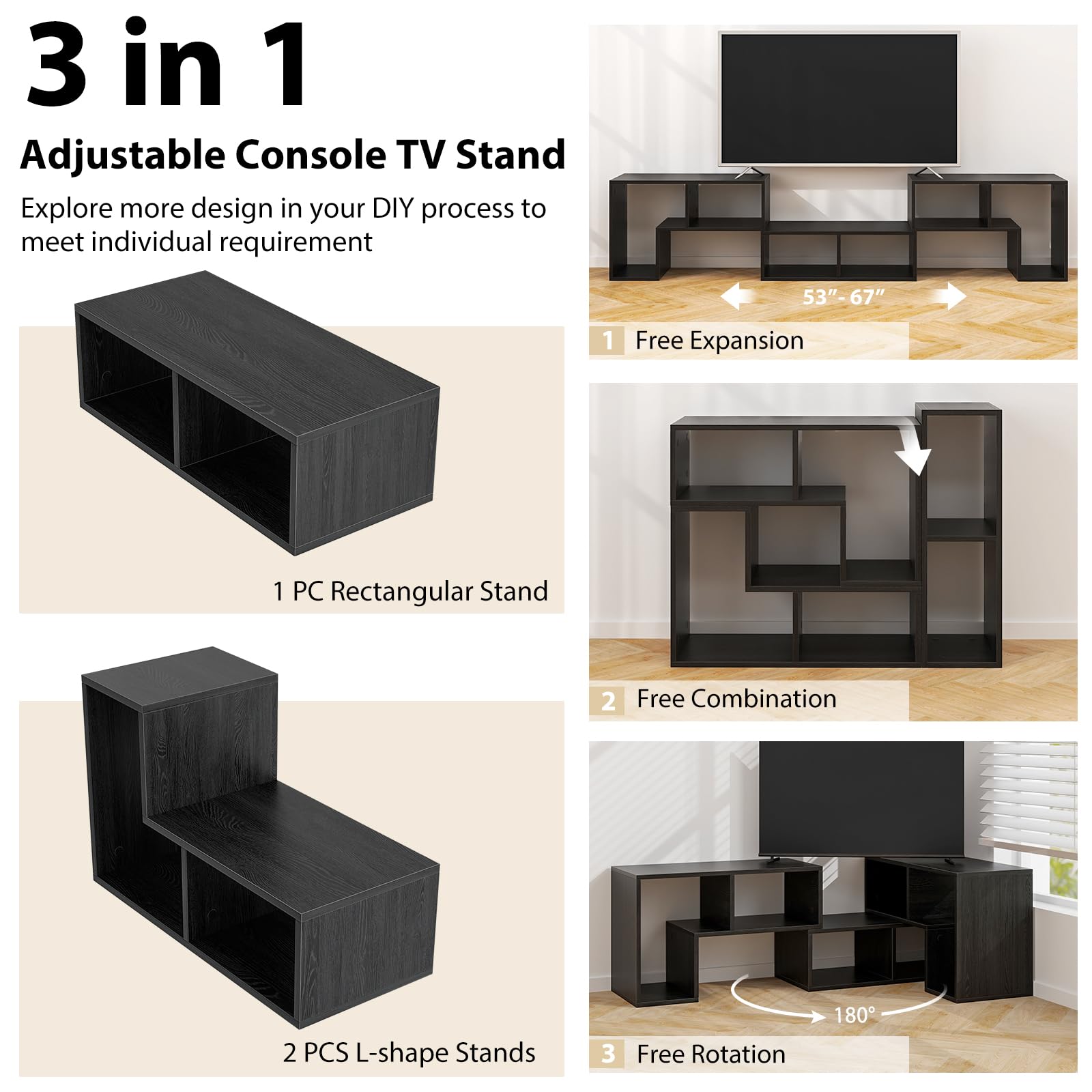 Tangkula 3 Pieces Console TV Stand, Free-Combination Entertainment Center for 50 55 60 65 Inch TV, Minimalist Modern TV Table Media Stand, DIY Open Storage Bookcase for Living Room (Black Wood Grain)