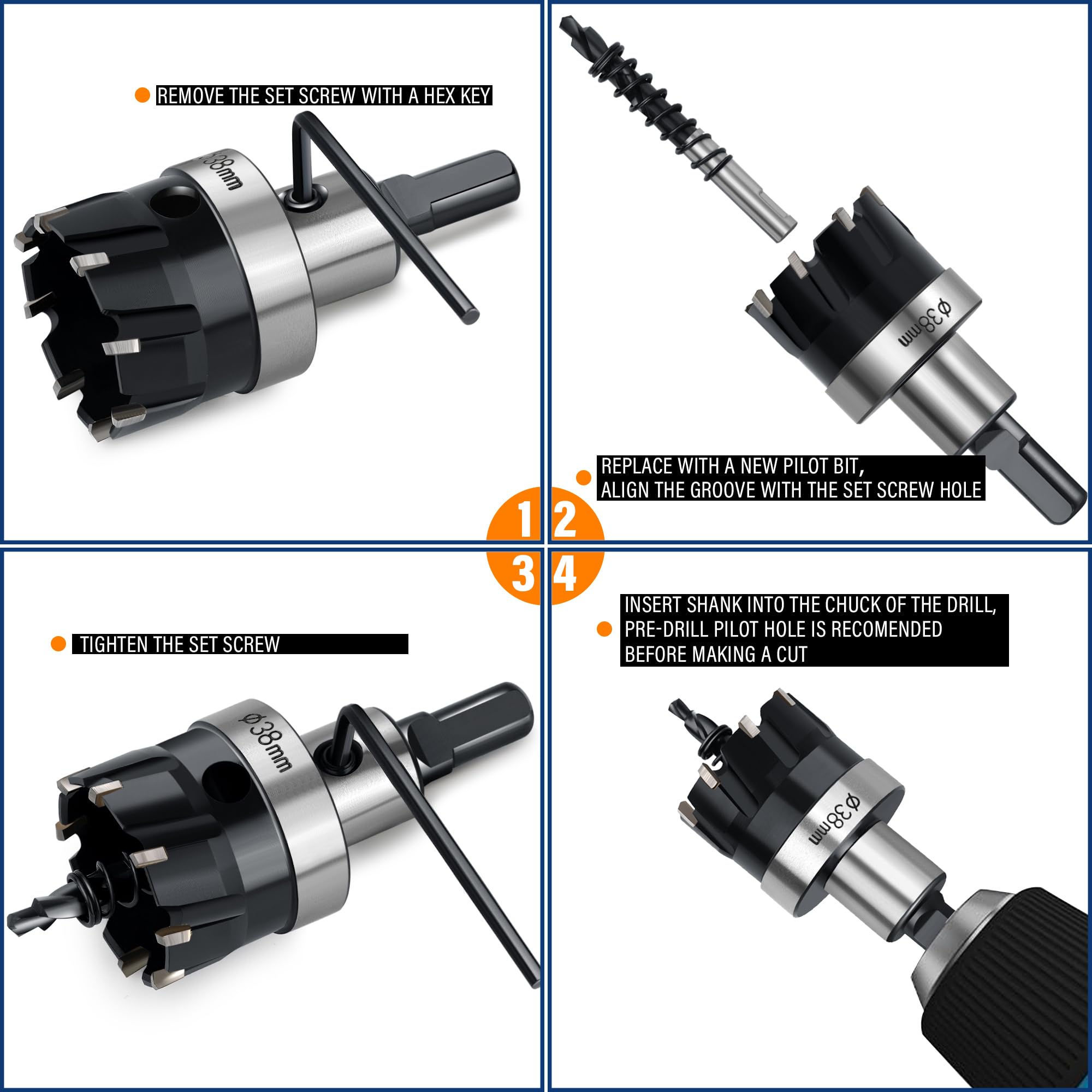 Carbide Hole Saw Kit for Metal TCT Hole Saw Drill Bit Set Hole Cutter Kit for Stainless Steel 4PCS(3/4" to 1-1/2")