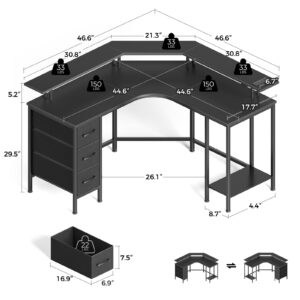 Seventable Corner Desk with Power Outlets & 3 Drawers, 44.6" Reversible Small L Shaped Computer Desk with LED Lights, Gaming Desk with Storage Shelves, Home Office Desk with Monitor Stand, Black