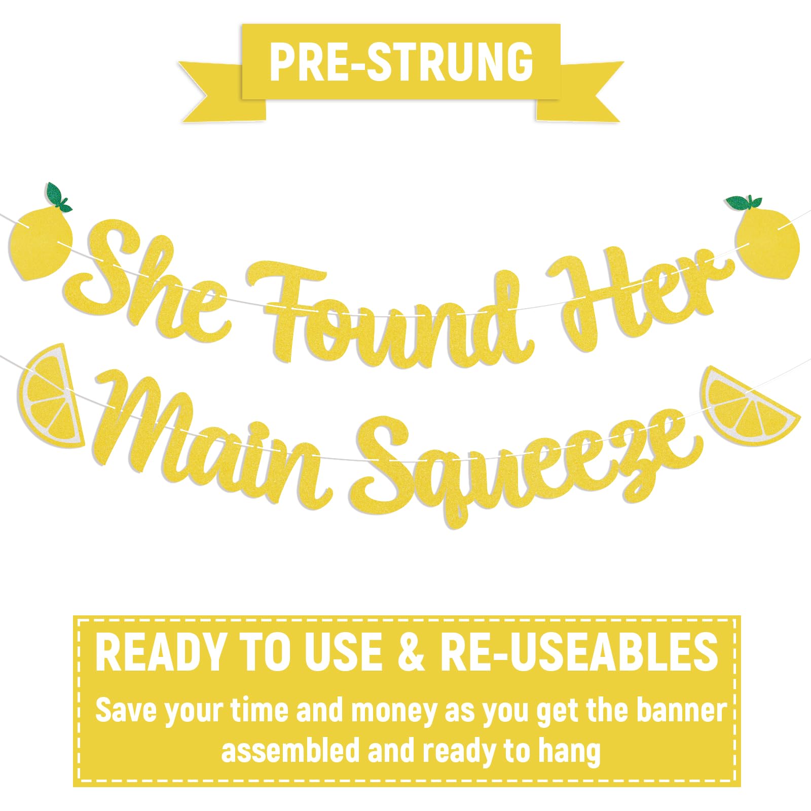 She Found Her Main Squeeze Banner - Spritz O’Clock Banner, Lemon Citrus Lemonade Theme Bridal Shower Bride to Be Wedding Engagement Bachelorette Party Supplies Gold Glitter