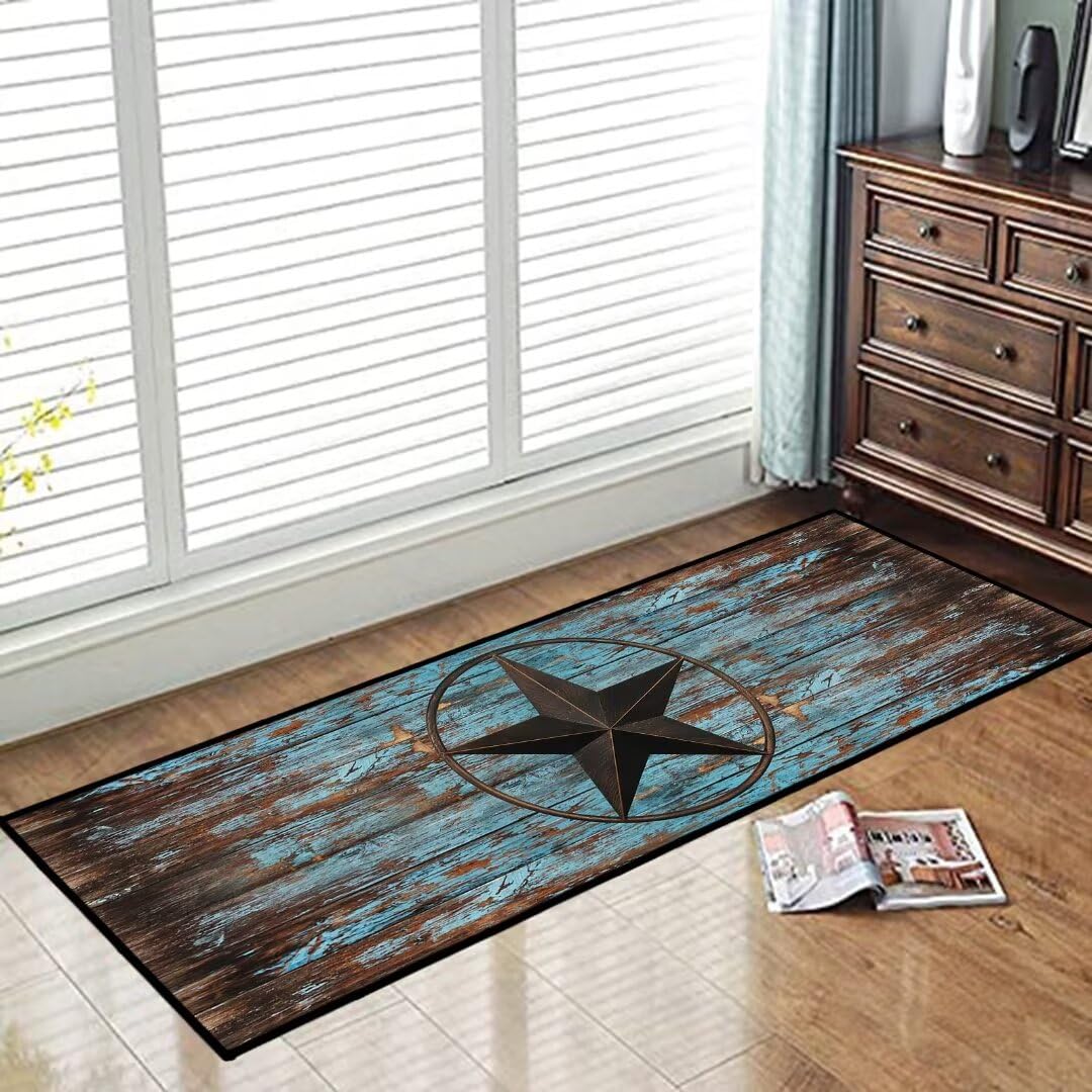 Western Hallway Runner Rug 2x6,Western Barn Texas Star on Old Wooden Plank,Rustic Throw Accent Area Rug Non Slip Washable Rug Runner Floor Carpet for Entryway Hallways Kitchen Laundry Bathroom,Teal