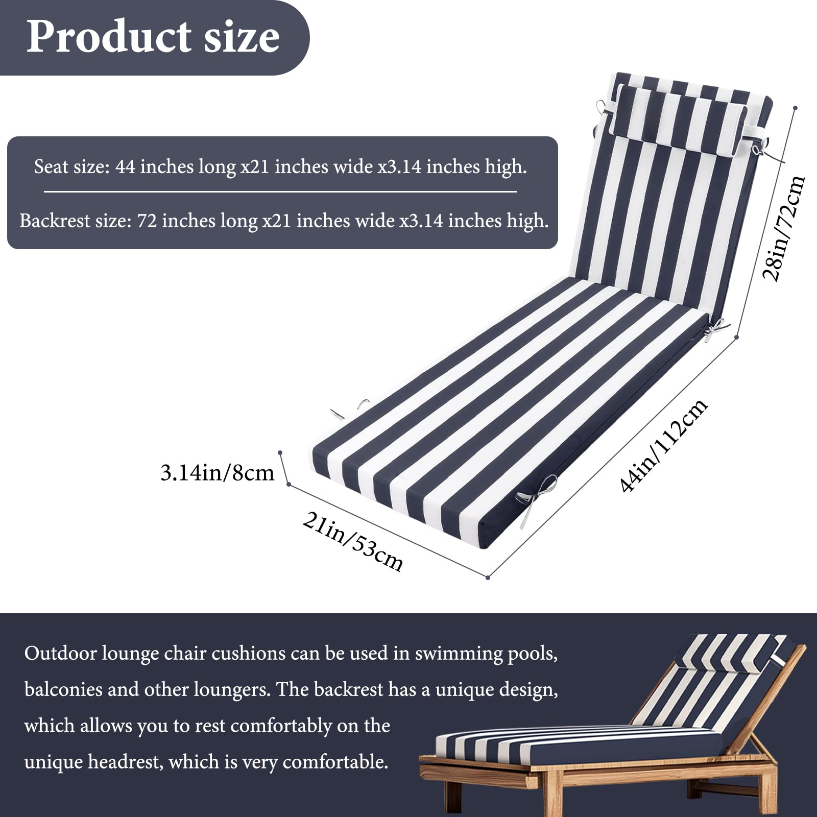 Sauqzoh Chaise Lounge Cushion for Outdoor Furniture, 3 inch Waterproof Foam Chair Cushion with Ties, Bench Seasonal Replacement Cushions for Summer Patio Beach Pool (1, Navy/White Stripe)