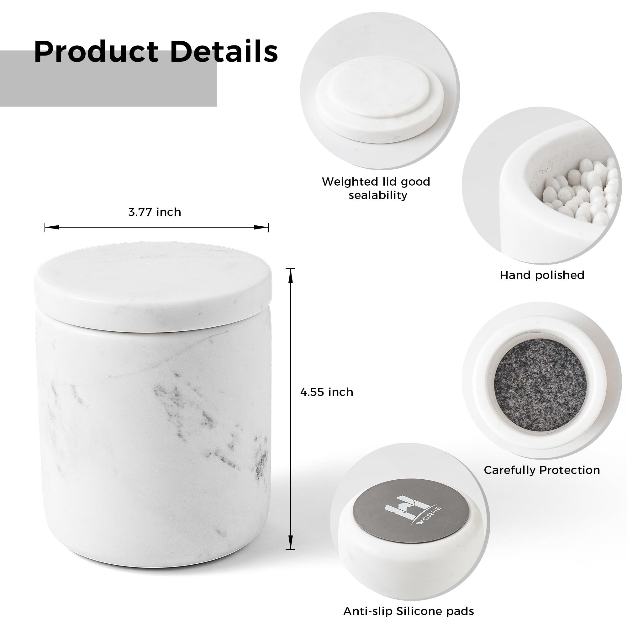 WORHE Marble Canister Natural Marble Cotton Swabs Container with Lid Large Capacity Cotton Ball Storage Jar for Cotton Swab, Cotton Ball, Makeup Pad, Bath Salt White (WH051)