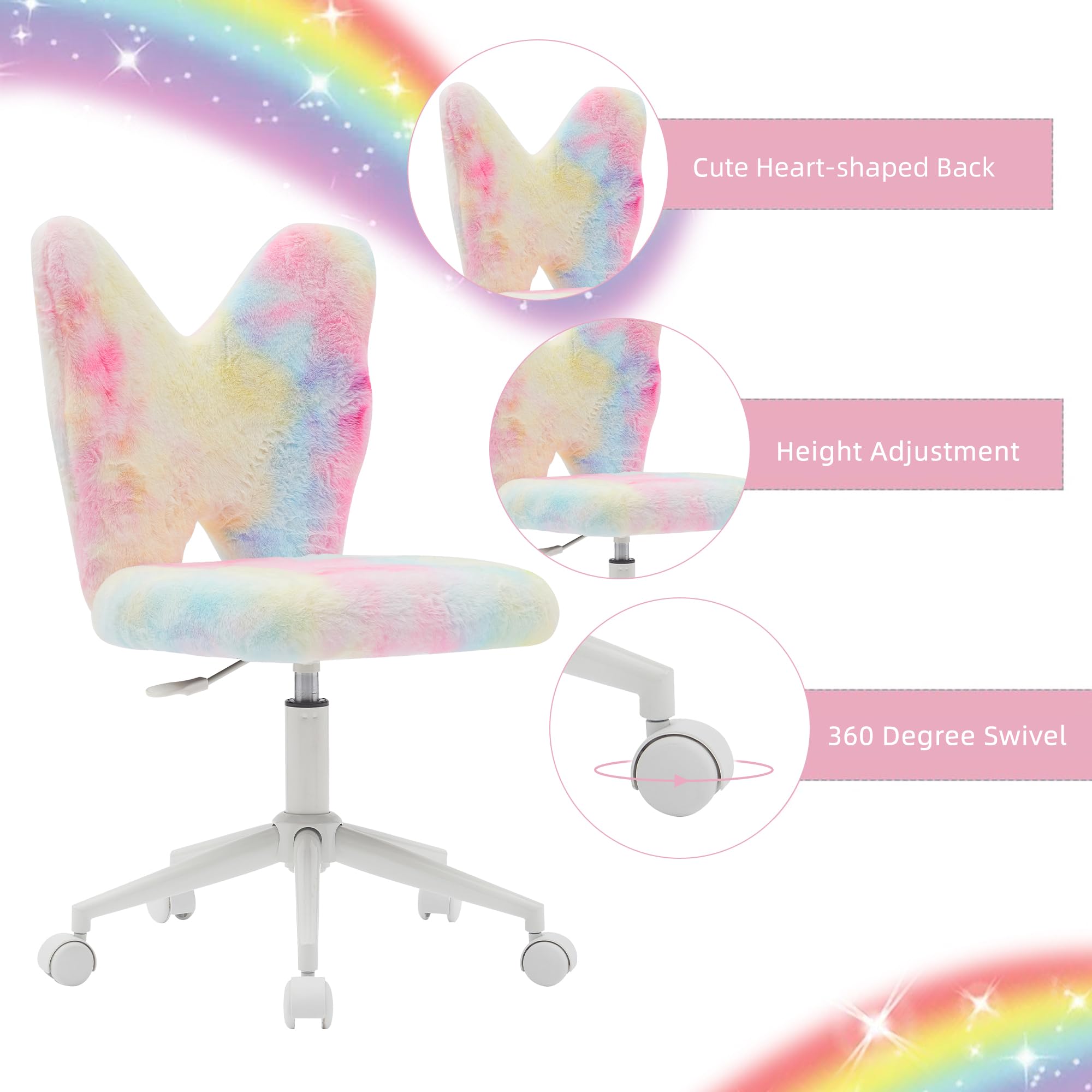 BlissInno Kids Chair, Cute Fuzzy Butterfly Girls Desk Chair, Rolling Study Reading Chair for Girls, Comfy Swivel Computer Chair with Wheels & Back, Adjustable Childrens Vanity Chair for Bedroom