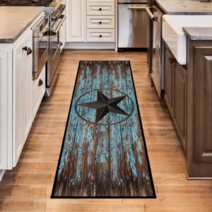 Western Hallway Runner Rug 2x6,Western Barn Texas Star on Old Wooden Plank,Rustic Throw Accent Area Rug Non Slip Washable Rug Runner Floor Carpet for Entryway Hallways Kitchen Laundry Bathroom,Teal