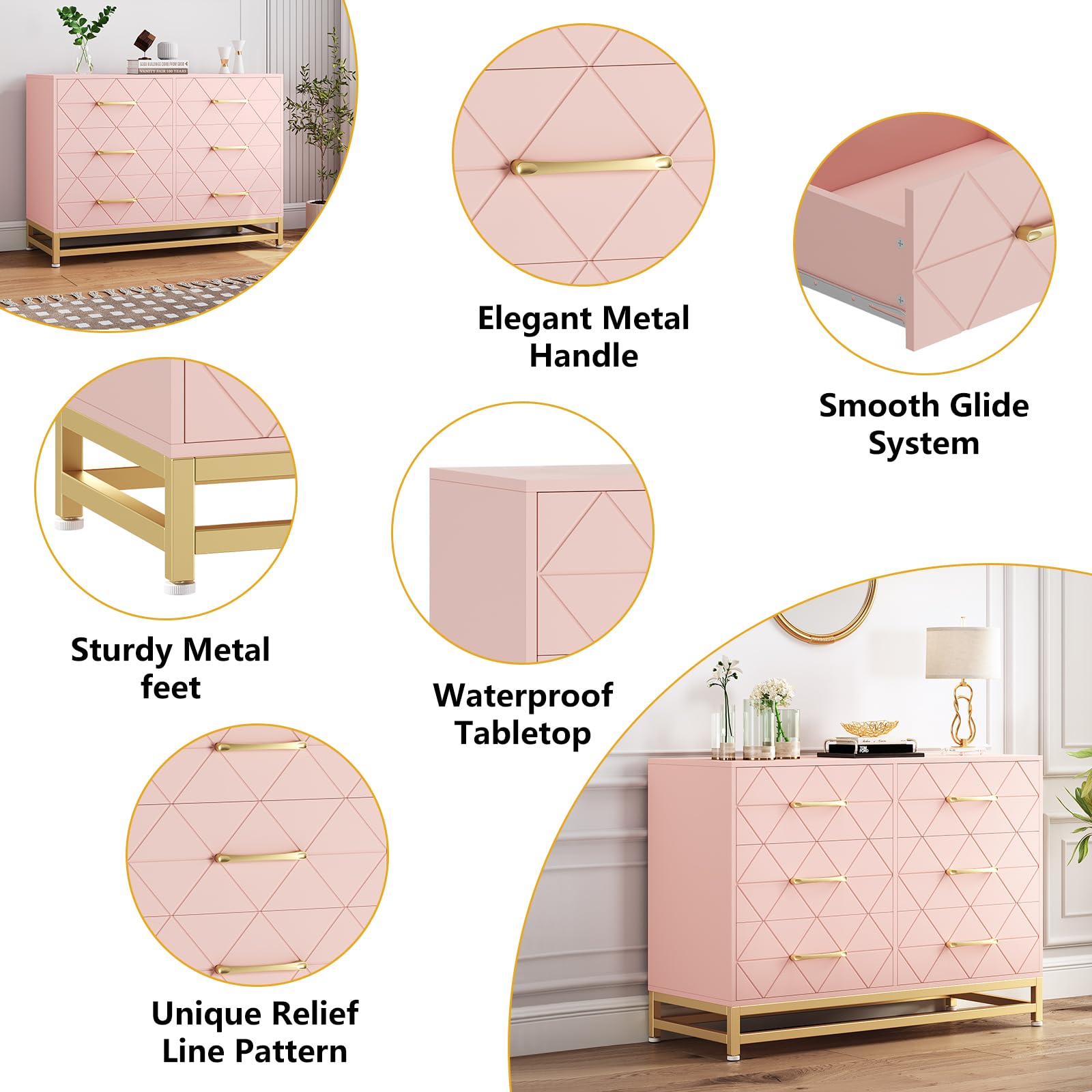 GarveeHome Dresser for Bedroom with 6 Drawer Double Dressers, Modern Wooden Dresser Chest, Beside Table for Closet, Nursery, Living Room, Pink