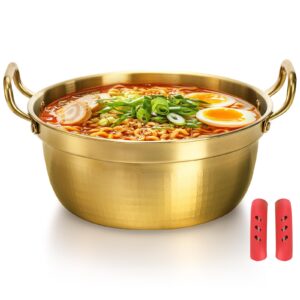 deayou korean ramen pot, 9" stainless steel ramen cooking pot with double handle and silicone handle covers, small korea noodle pot fast heating for soup, sauce, pasta, egg, golden, 2 qt