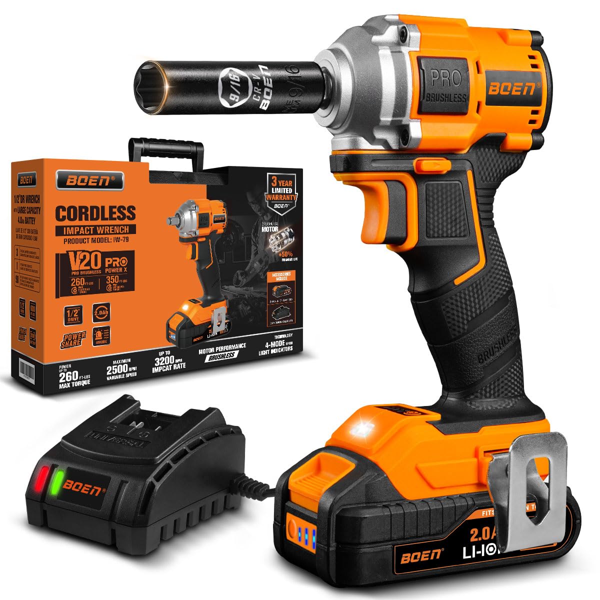 boen 260FT-LBS(350N.m) Cordless Impact Wrench 1/2 inch, Lightweight Brushless Electric Impact Gun, 2500RPM for Home Repair, Includes 2.0Ah Battery×1, Charger, IW-79