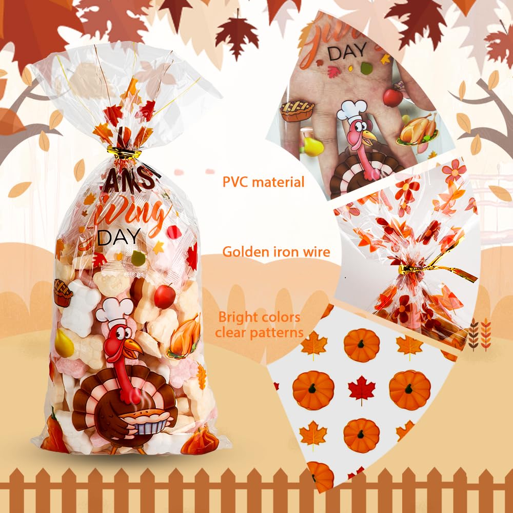 Thanksgiving Treat Bags, 100PCS Thanksgiving Goodie Bags with Twist Ties, Thanksgiving Gift Bags Plastic Candy Bags Cellophane Treat Bags Party Favor Bags Cookie Bags Fall Pumpkin Maple Leaves Bulk