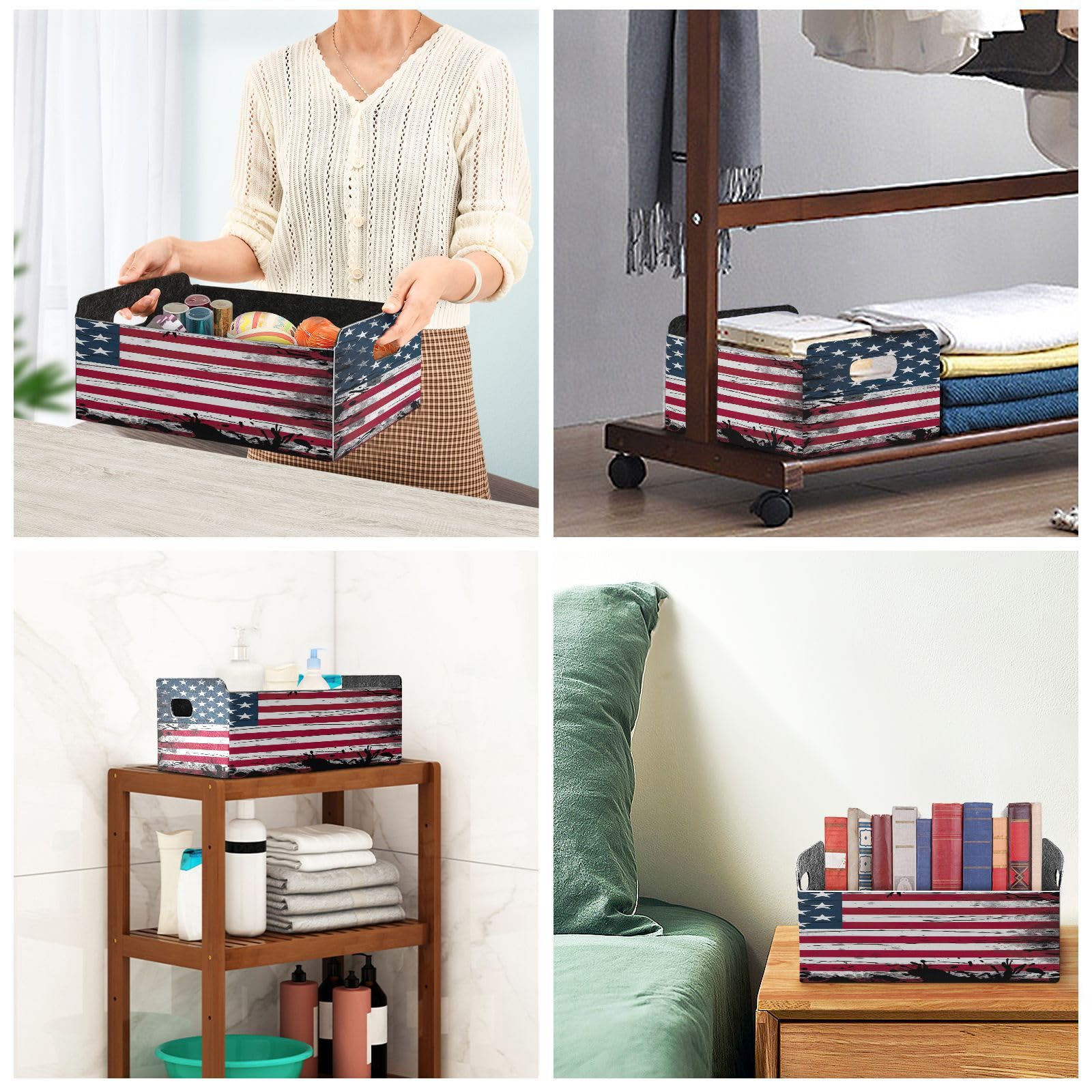 YETTASBIN American Flag Felt Storage Baskets with Handle, Collapsible Open Storage Bin Drawers Storage Box for Shelf Closet Office Bedroom Nursery Home, 14 x 5 x 10 Inch