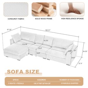 HOLYFIND Oversized Sectional Sofa,L Shaped Couch for Living Room,Modern Corduroy Modular Sofa,Deep 4 Seat Sofa Sleeper with Moveable Ottoman and Two Pillows (L Shape Sofa/Beige)