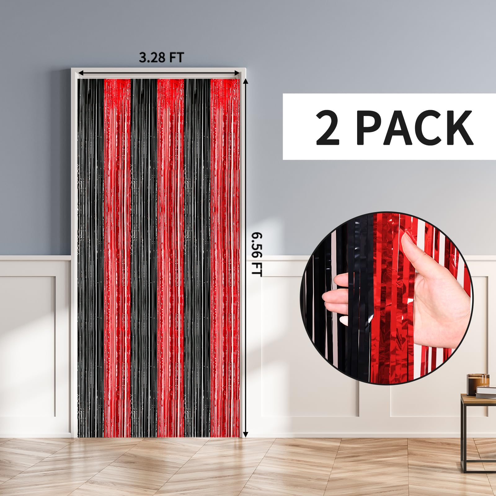 RUBFAC 2 Pack Red and Black Backdrop Party Decorations Tinsel Foil Fringe Curtains Streamers for Casino Theme Party Decorations Halloween Bachelorette Birthday Holiday Celebrations Party Supplies