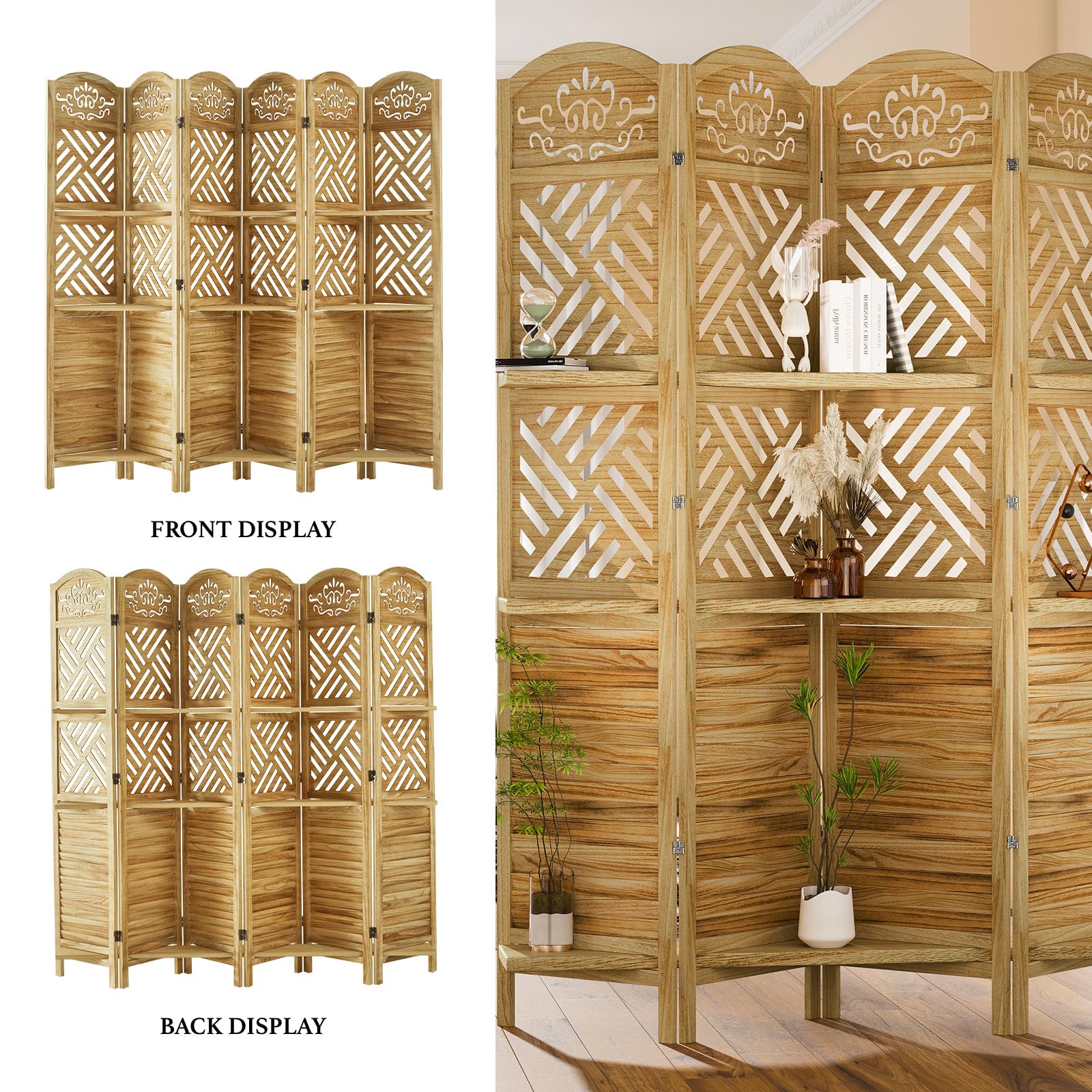 Room Divider with Shelves, 5.75ft Tall Folding Wood Carved Screen with Double Hinges for Home Office Bedroom Hotel Decoration (6 Panels, Natural)