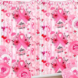 howaf breast cancer awareness foil fringe curtains decoration, 2 pack 3.2 * 6.5ft pink ribbon photo booth backdrop hope fight breast cancer streamer tinsel curtains for hope strength women supplies