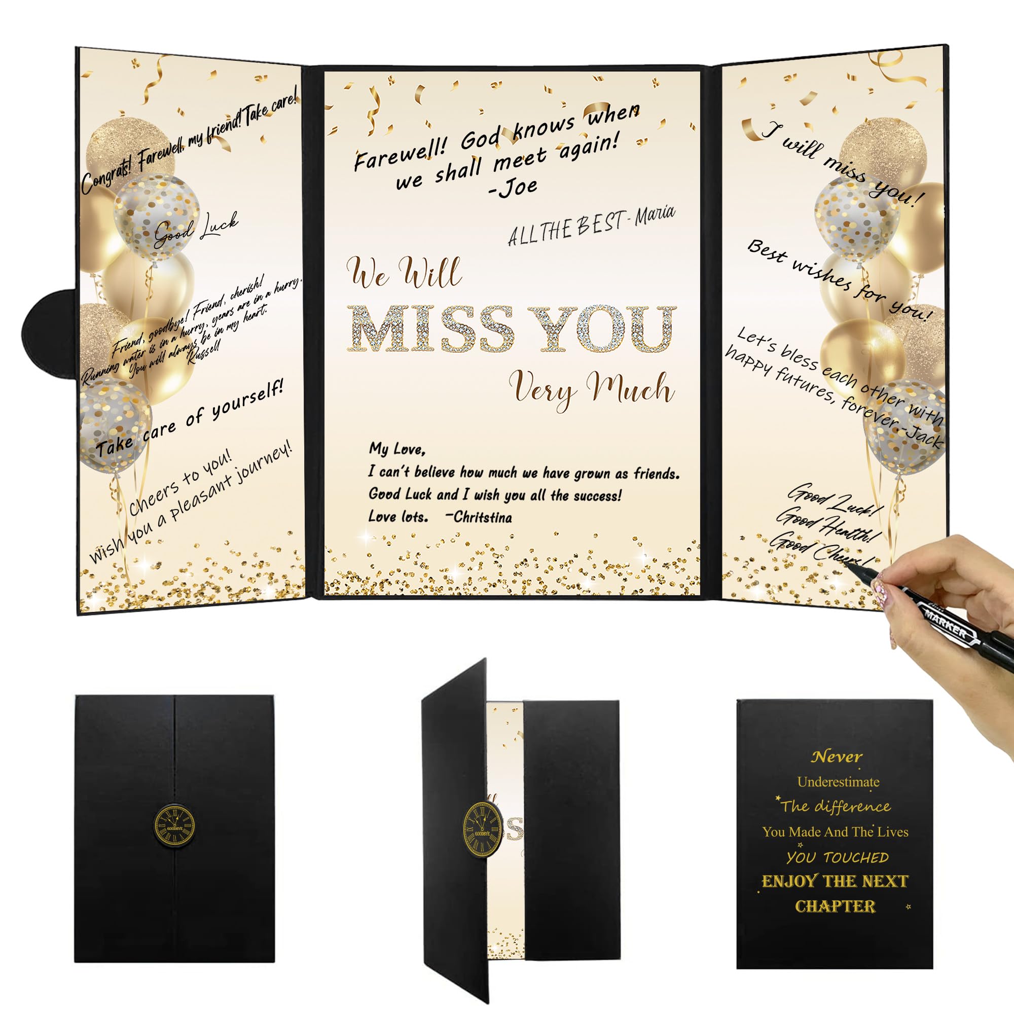 DARUNAXY Black Gold Farewell Party Decorations, We Will Miss You Very Much Alternative Signature Guest Book for Men Women Going Away Gifts Signing Card Board for Retirement Graduation Party Supplies